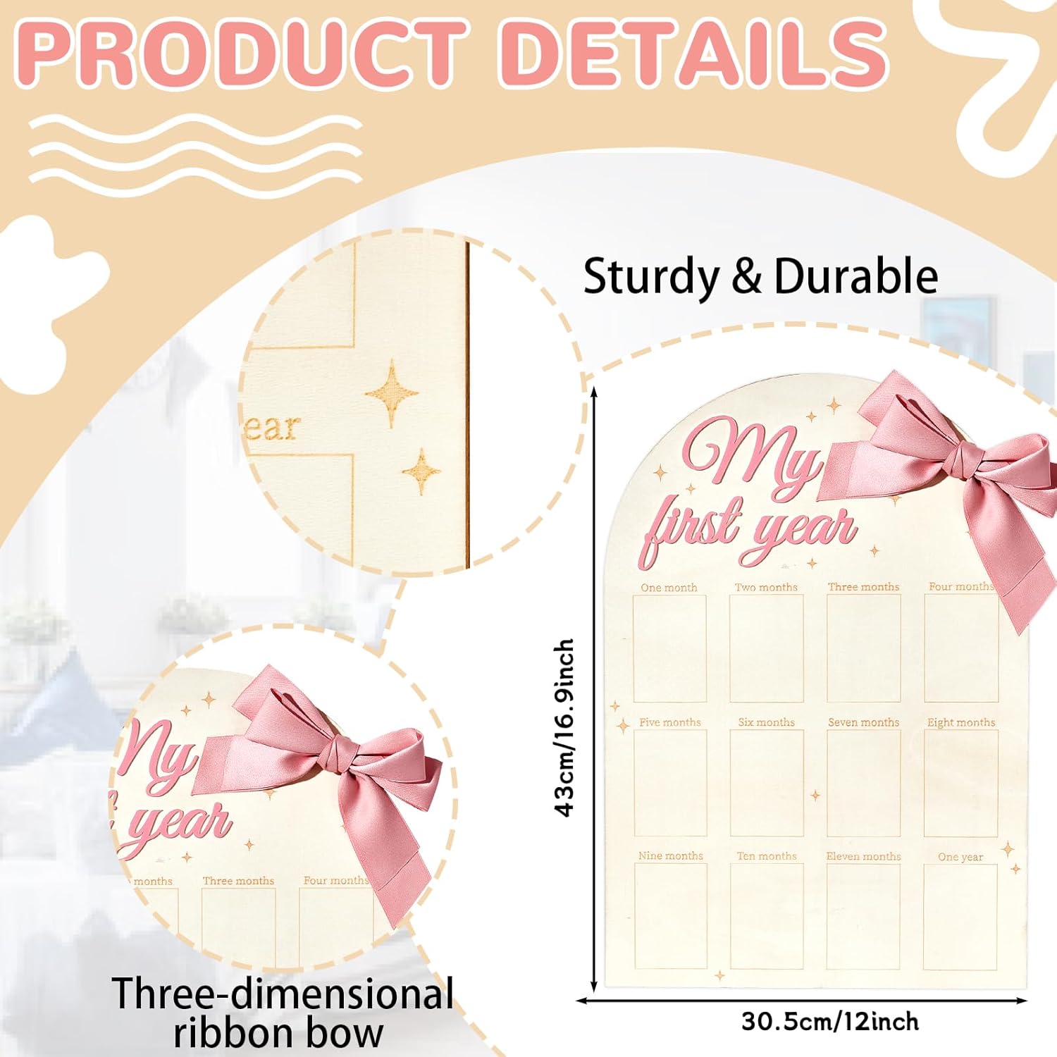 3D Pink Bow Baby Year Milestone Display Board
