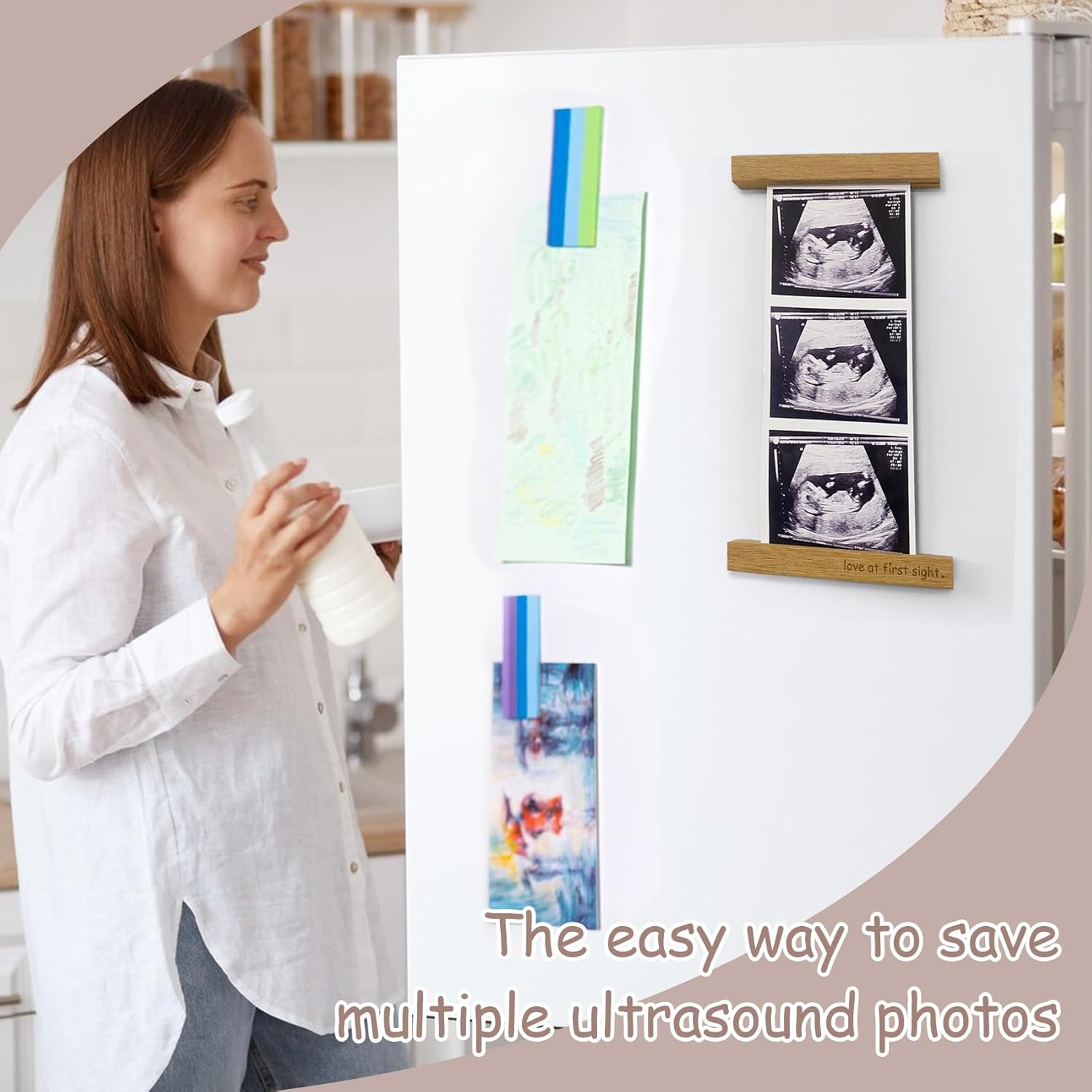 Zyeco 2 Pcs Ultrasound Picture Frame Wooden Magnetic for Refrigerator