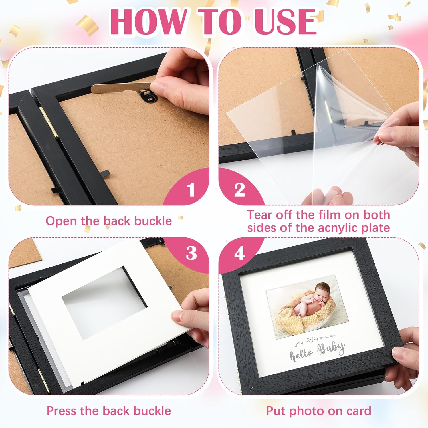 4-Fold Sonogram Picture Frame with Card and Hook Black