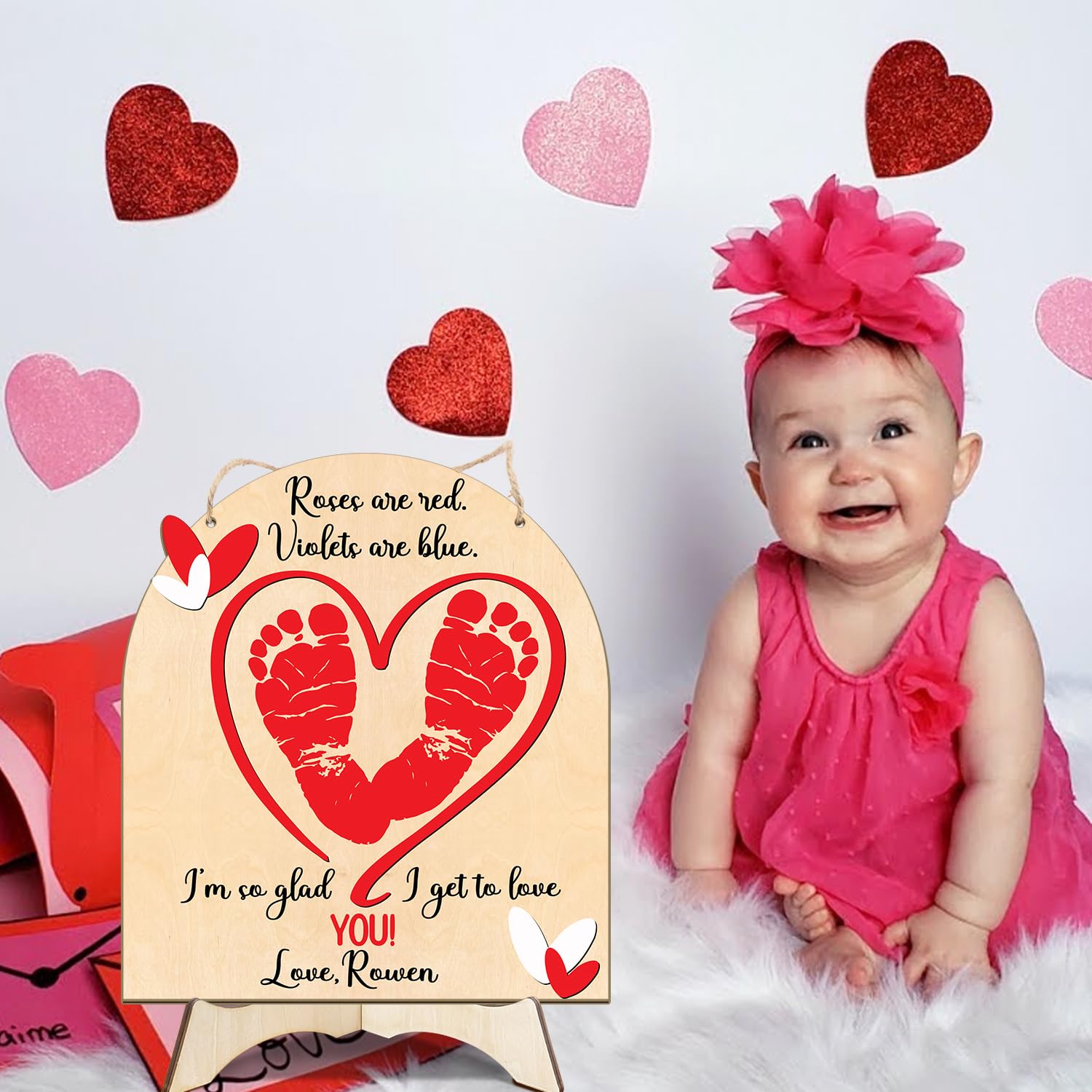 DIY Baby First Valentine Footprint Sign with Roses 1