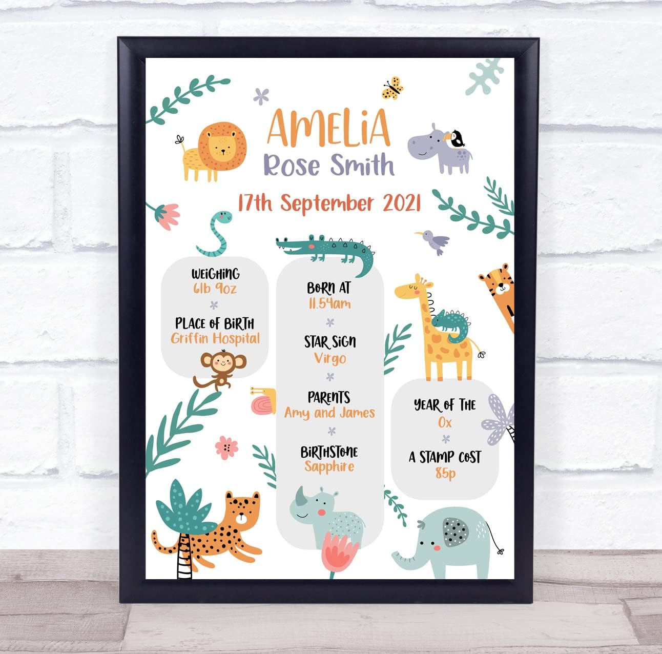 New Baby Jungle Animals Christening Keepsake Print Frame