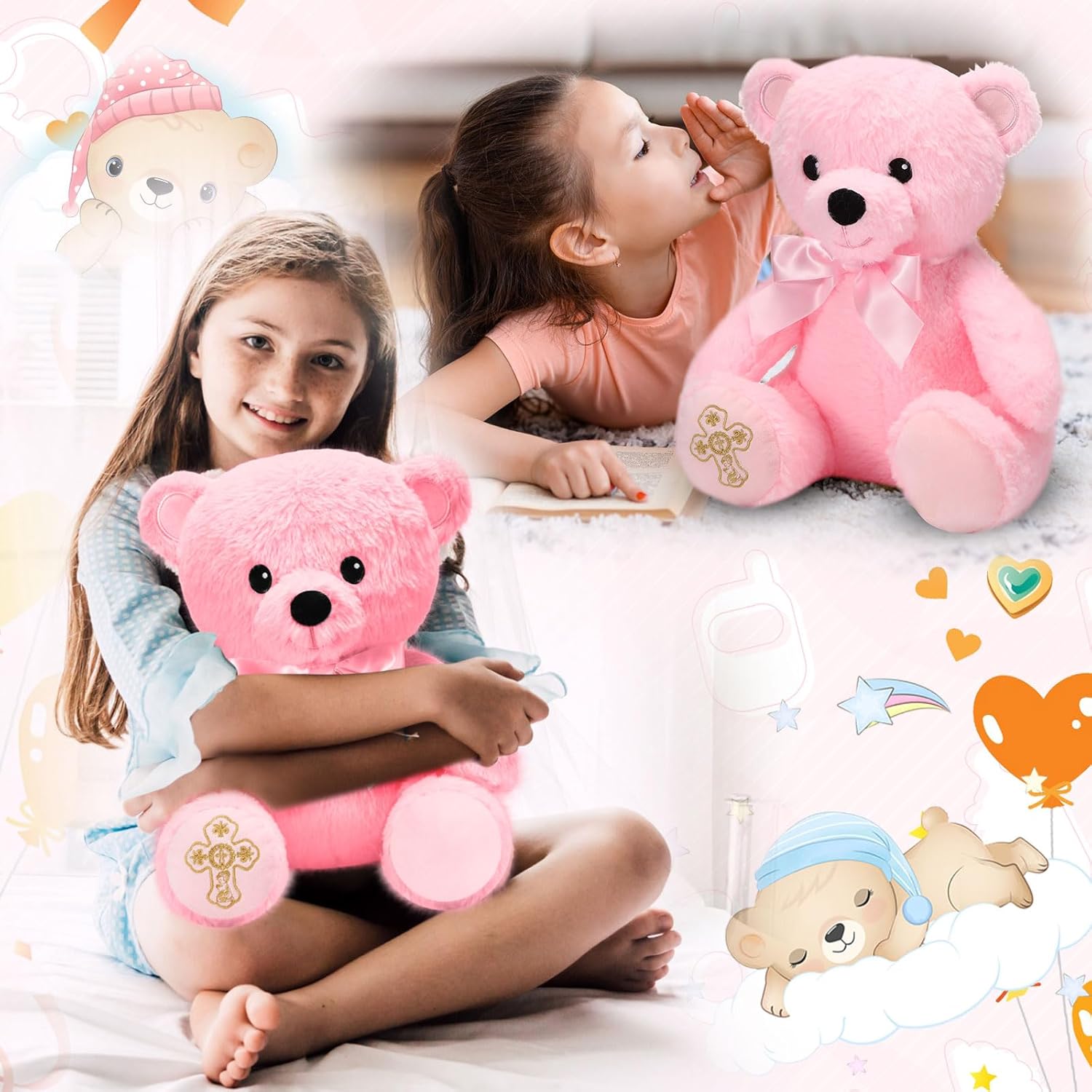 Syhood 12 Inch Plush Bear Baptism Gift with Bow and Embroidered Cross