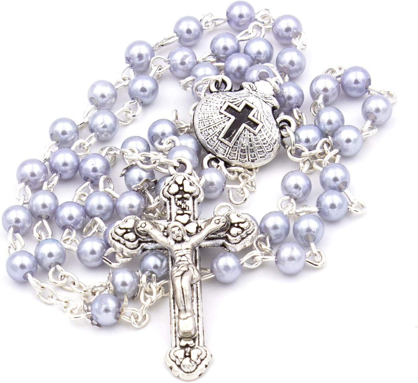 My First Baptism Gift Set for Baby Boy - Silver Rosary Box with Light Blue Pearl Rosary 1