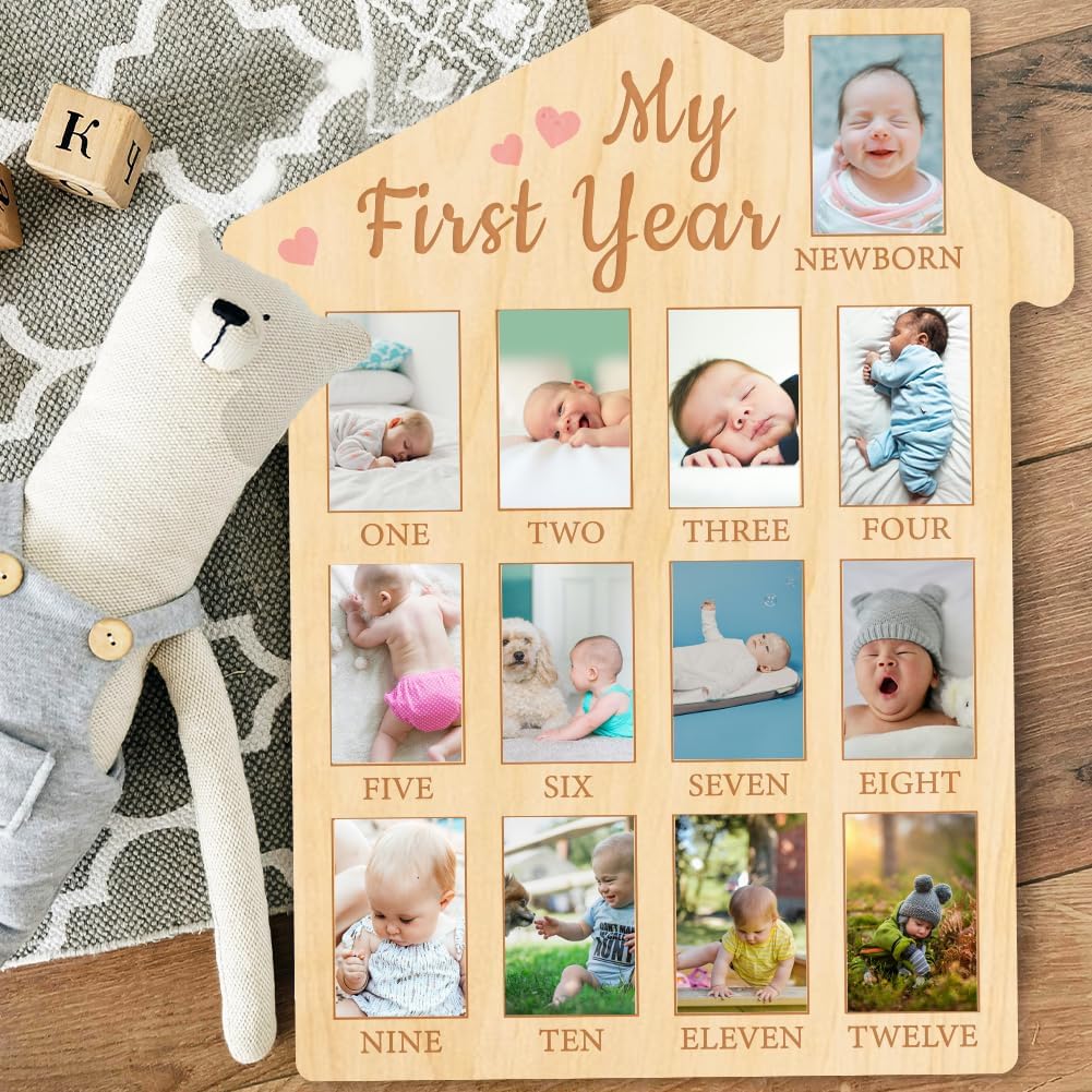 ORIGACH First Year Baby Growth Photo Board - 12 Months Wood Frame with Pink Heart