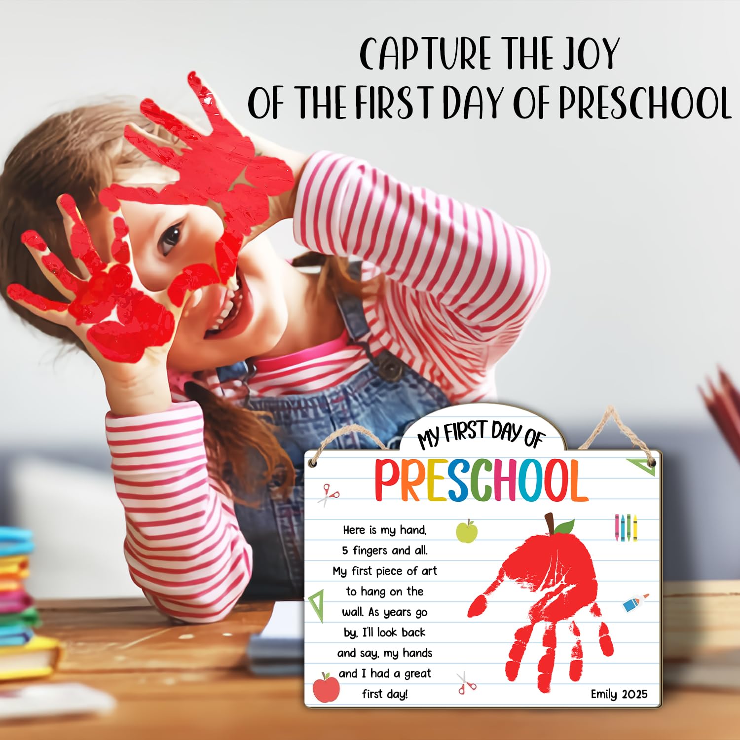 Custom First Day of Preschool Handprint Art Sign Board