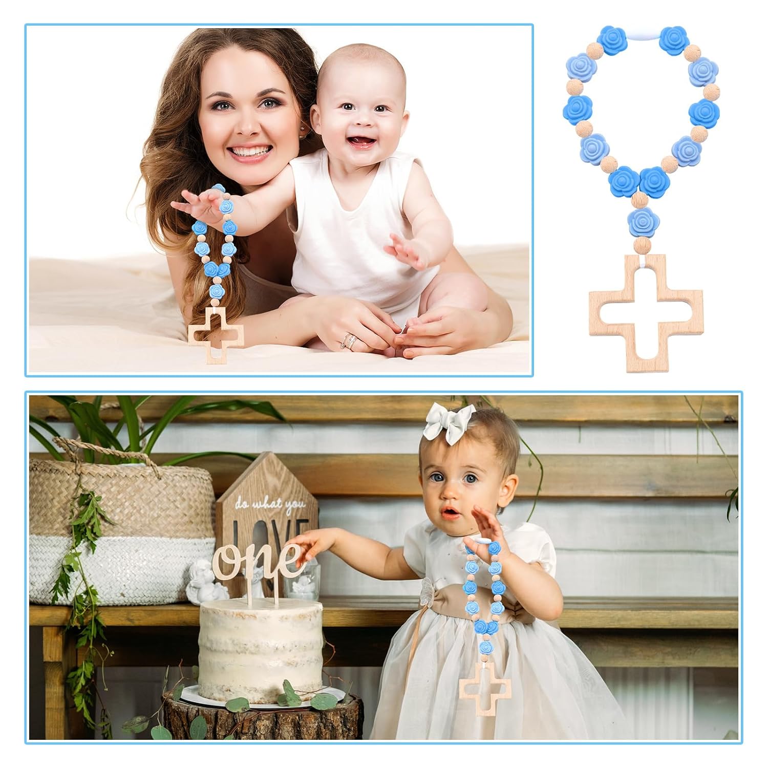 Landical Cross Baptism Silicone Rosary Baby Shower Gift Rose Blue