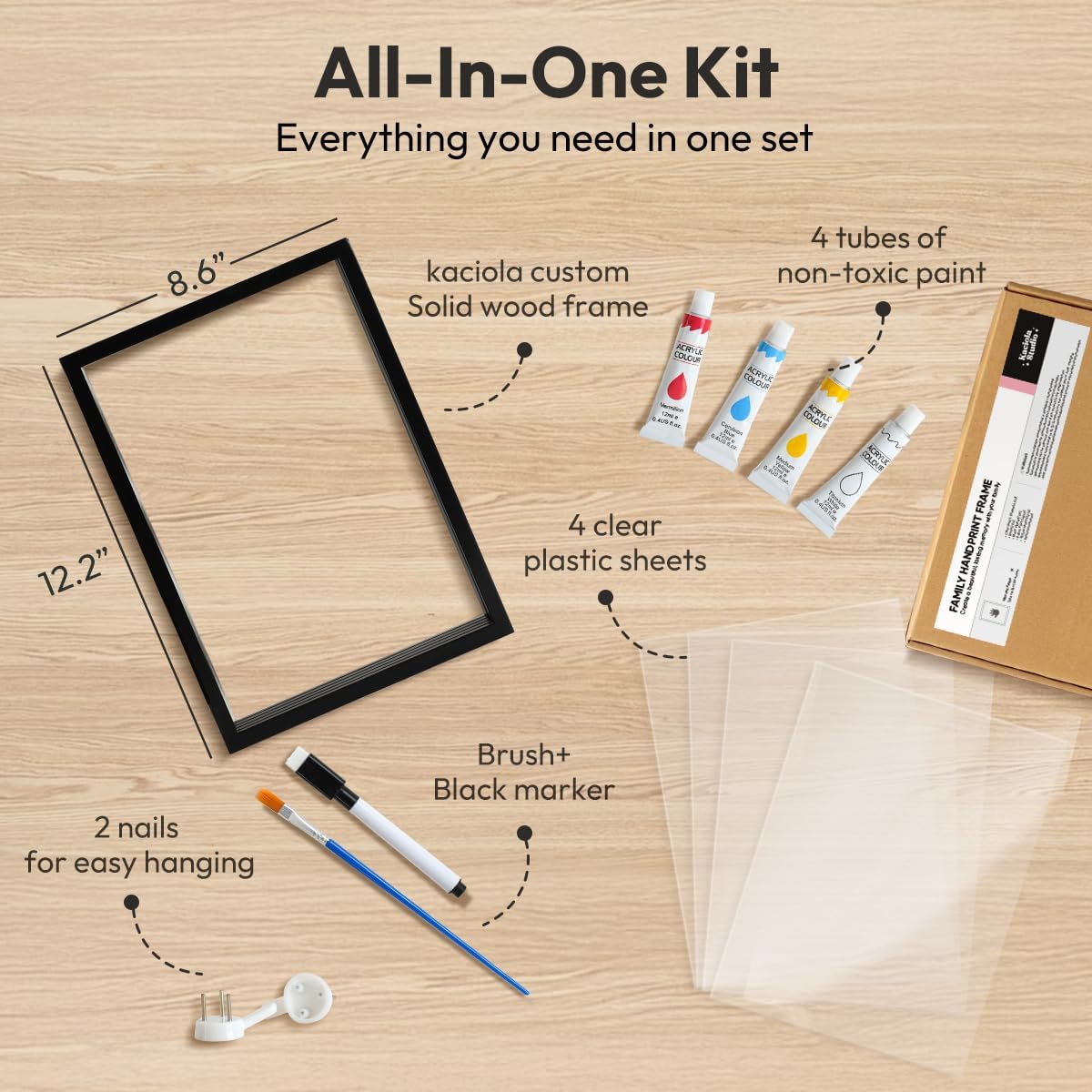 Kaciola Family Handprint Kit with 4 Paints Black Frame
