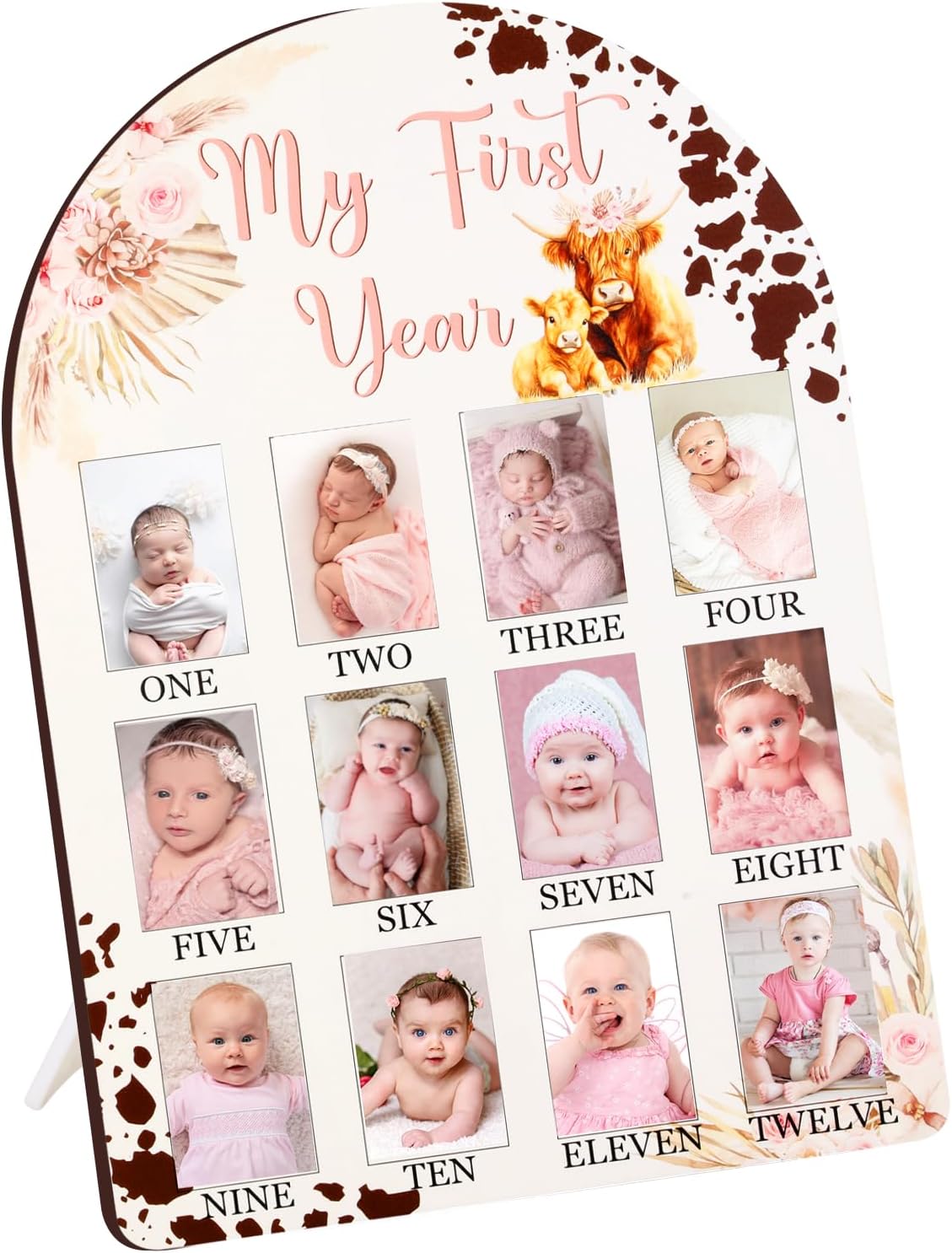 Cheerupp Highland Cow My First Year Photo Frame Pink 12 Months Baby Milestone Display Board