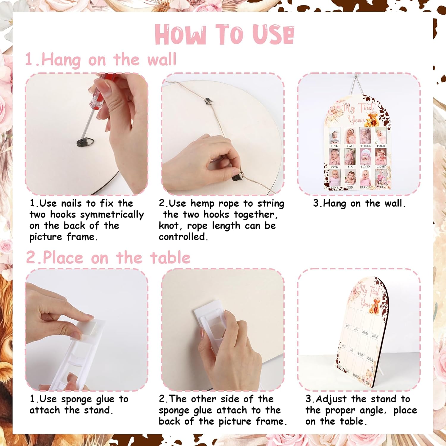 Cheerupp Highland Cow My First Year Photo Frame Pink 12 Months Baby Milestone Display Board