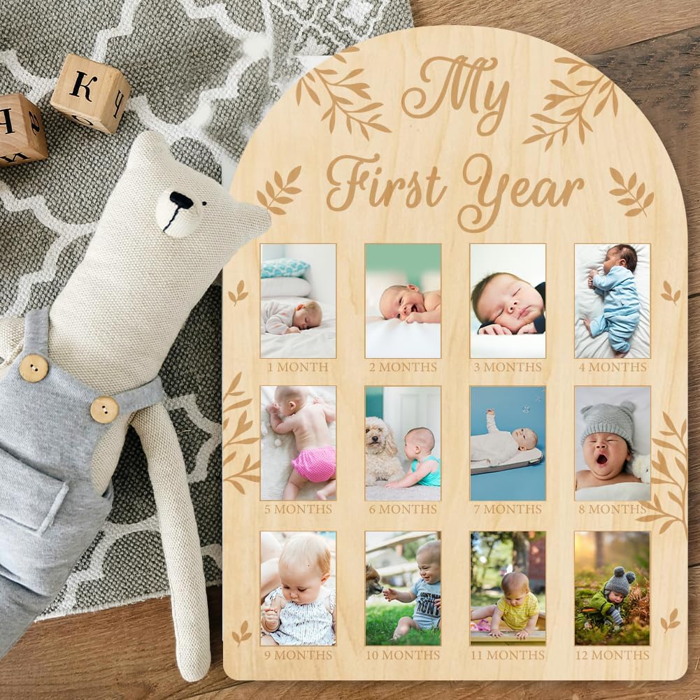 ORIGACH 12 Month Baby Growth Photo Frame - Wooden Board with Leaves Pattern
