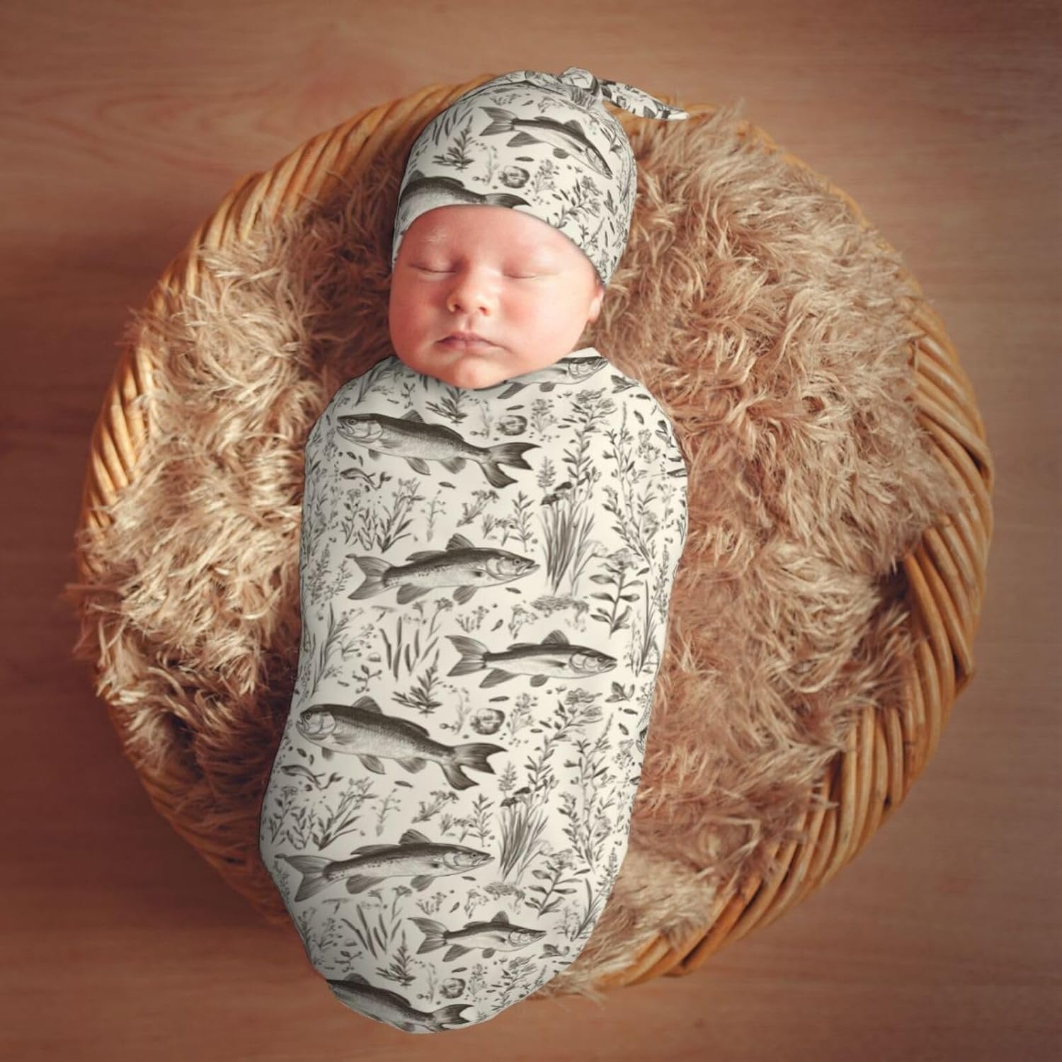 Muishi Vintage Bass Fishes Fishing Swaddle Blanket Hat Set 1