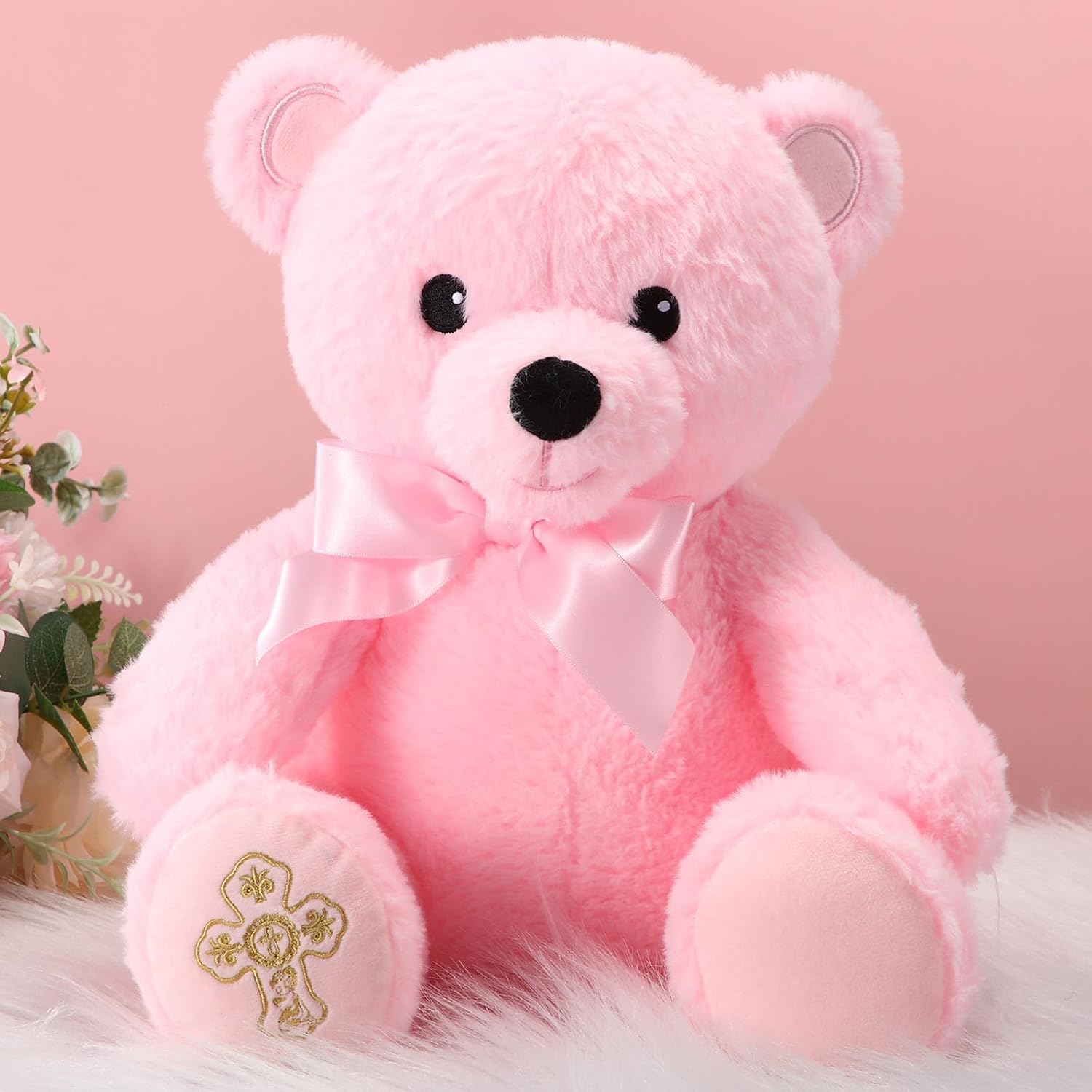Syhood 12 Inch Plush Bear Baptism Gift with Bow and Embroidered Cross