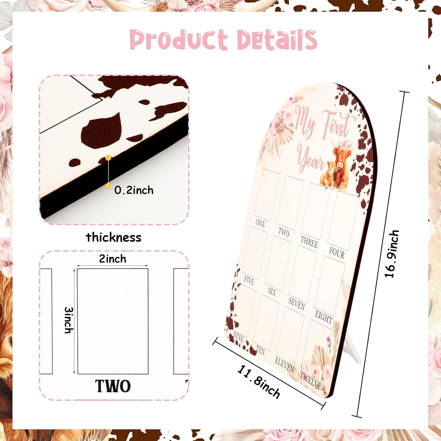 Cheerupp Highland Cow My First Year Photo Frame Pink 12 Months Baby Milestone Display Board