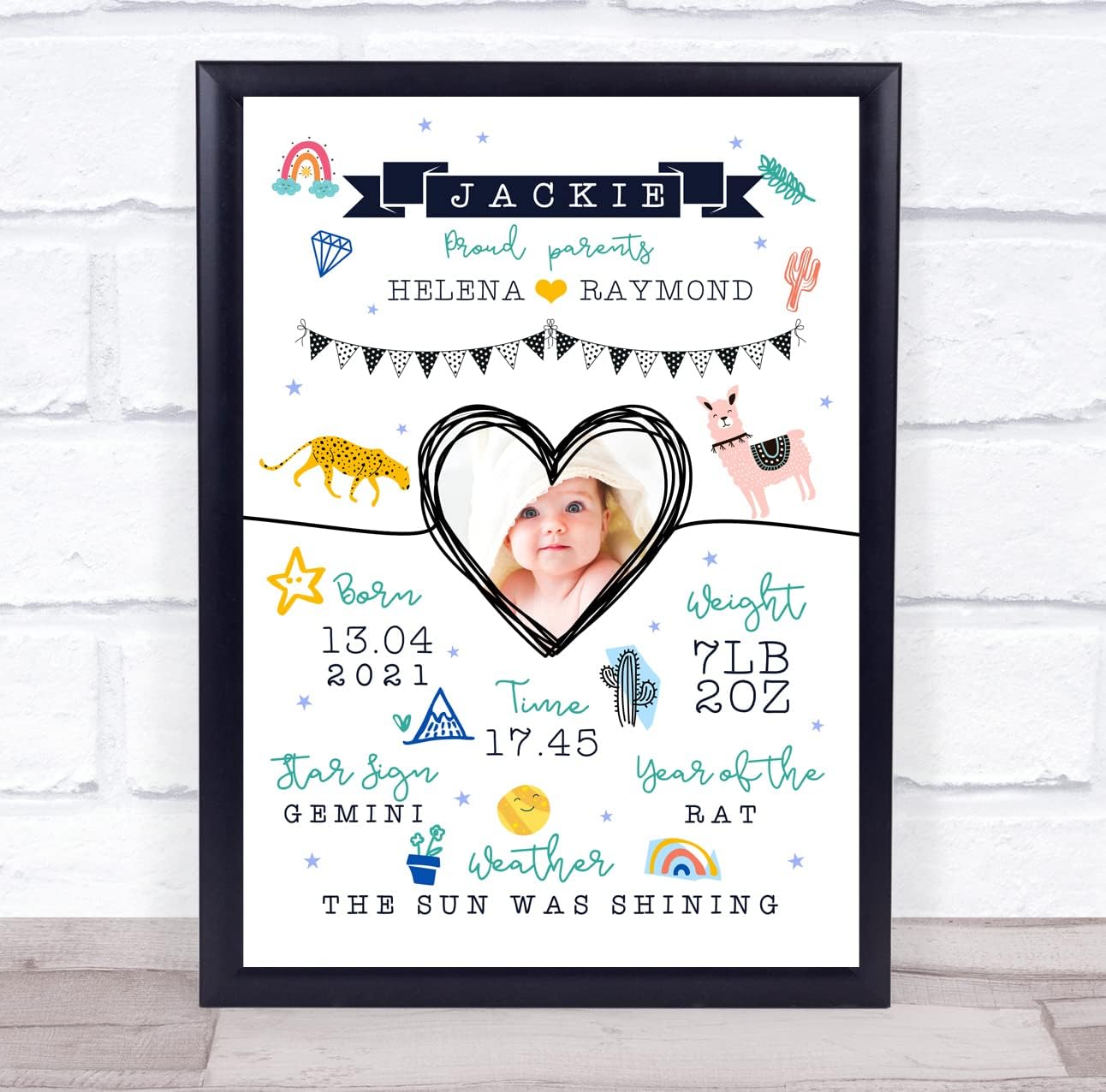 New Baby Birth Details Christening Doodles Photo Keepsake Print