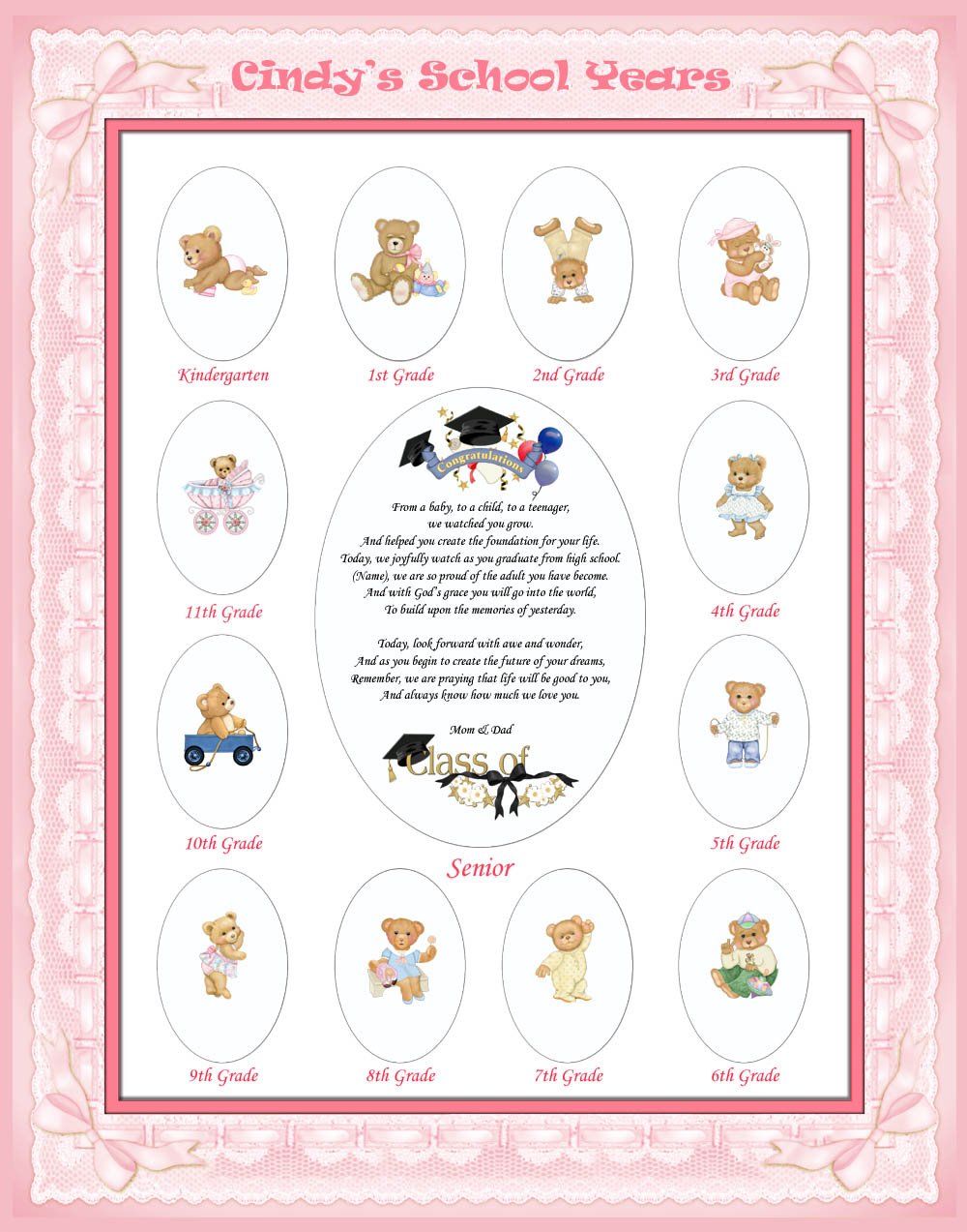 16 X 20 Personalized Pink Photo Mat with Teddy Bear Border