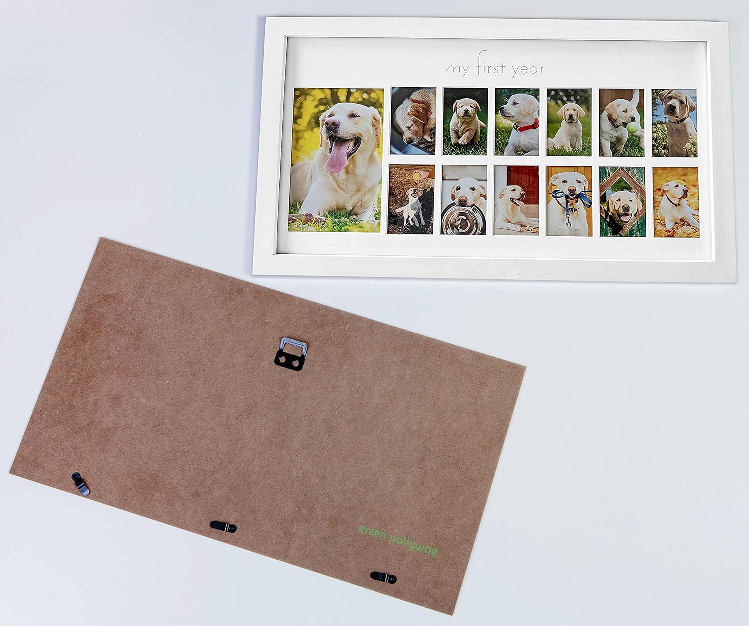 Green Pollywog First Year Dog Photo Frame 12-Month Keepsake Display White Wood Frame