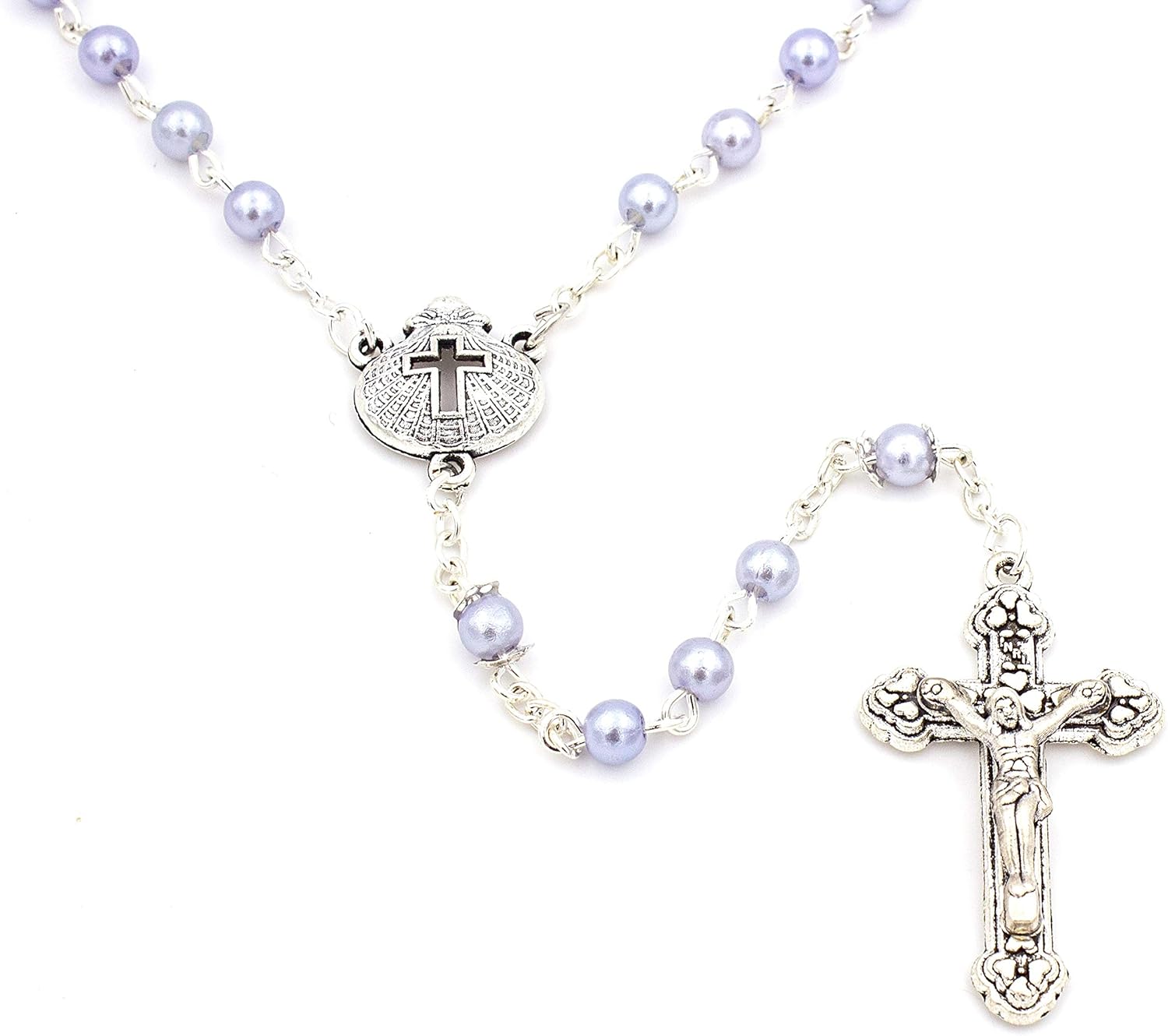 My First Baptism Gift Set for Baby Boy - Silver Rosary Box with Light Blue Pearl Rosary 1
