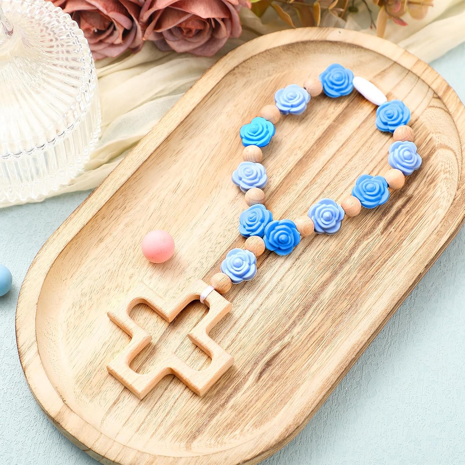Landical Cross Baptism Silicone Rosary Baby Shower Gift Rose Blue