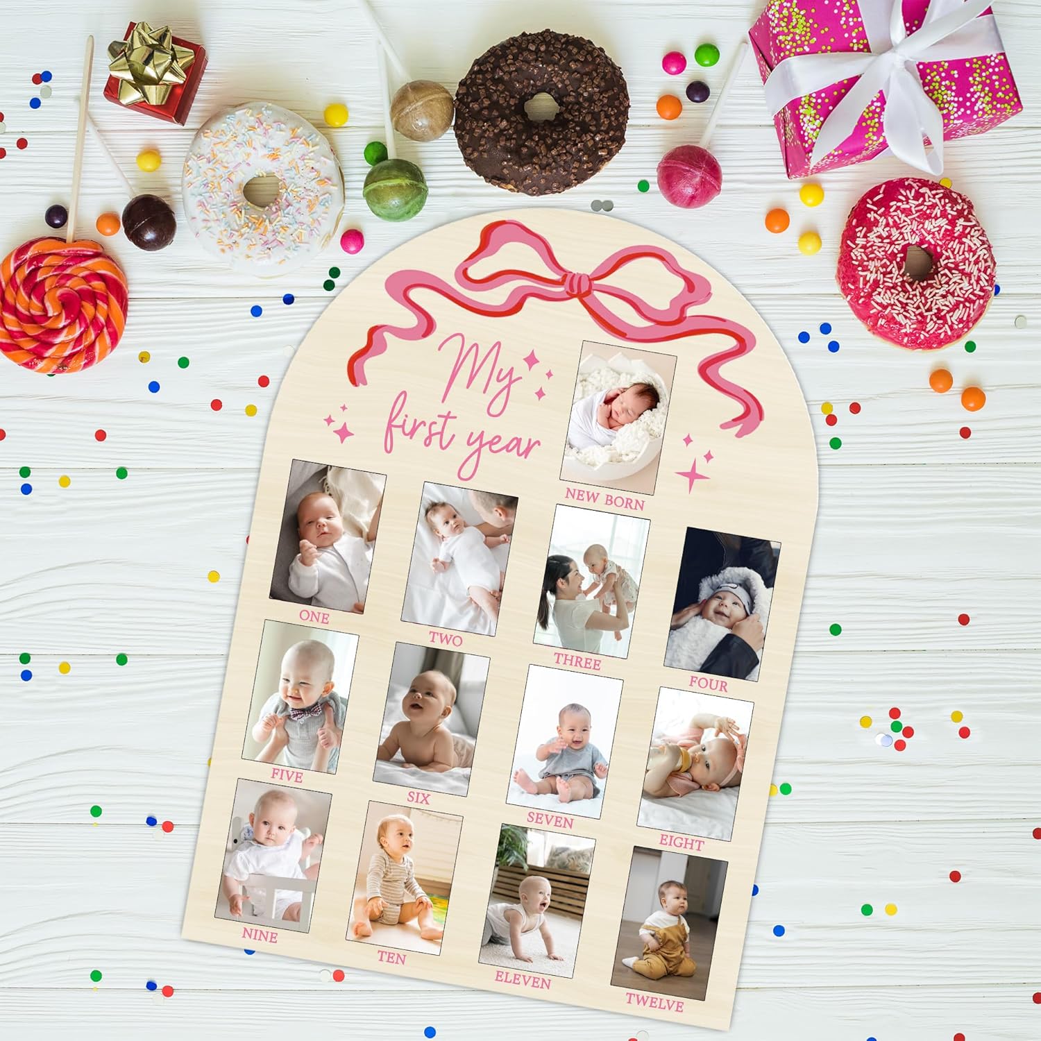 My First Year Milestone Photo Board with Pink Bow