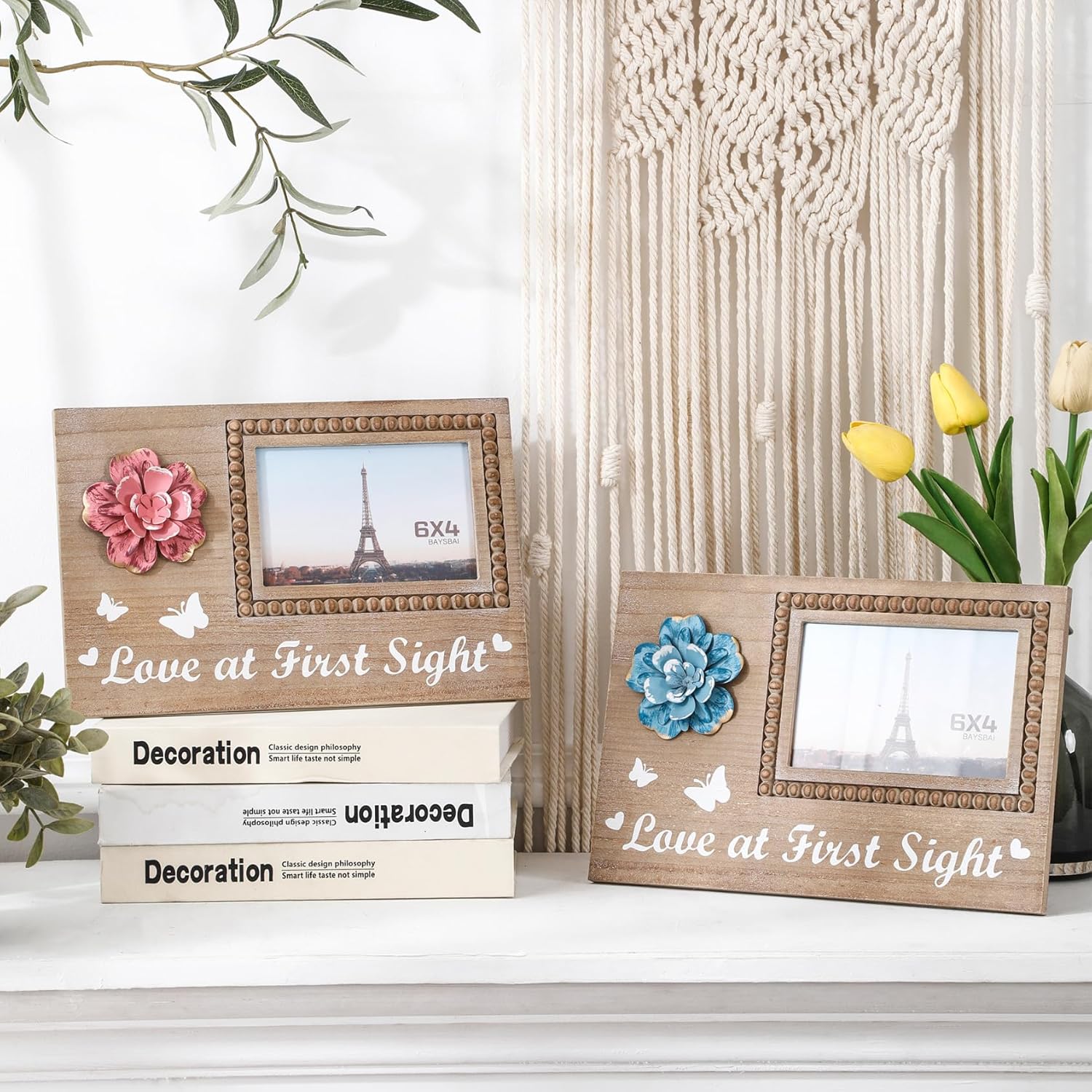 BAYSBAI Wooden Sonogram 4x6 Photo Frame with Rustic Pink Flower