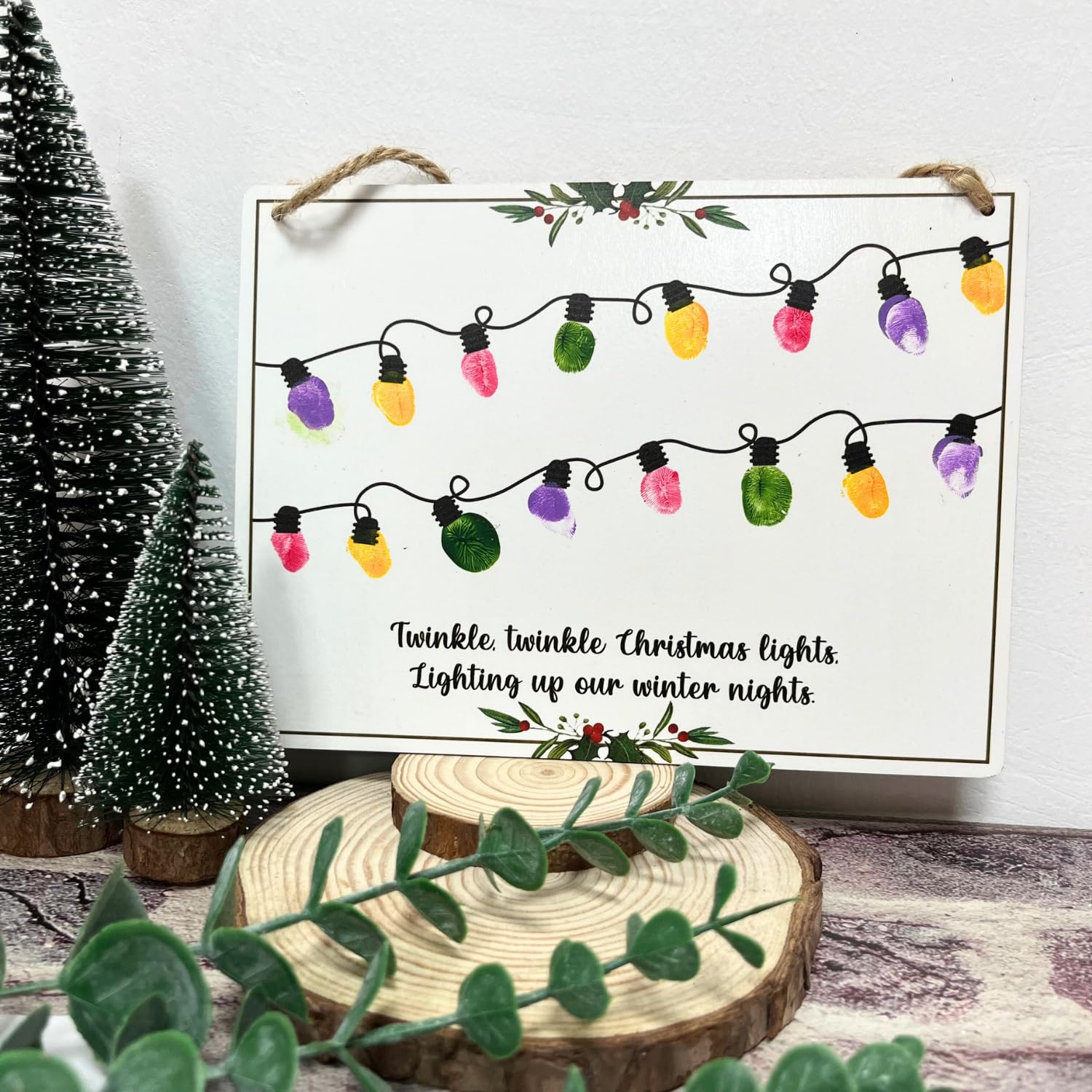 Fingerprint Christmas Lights Hanging Sign Babys First Christmas DIY Keepsake