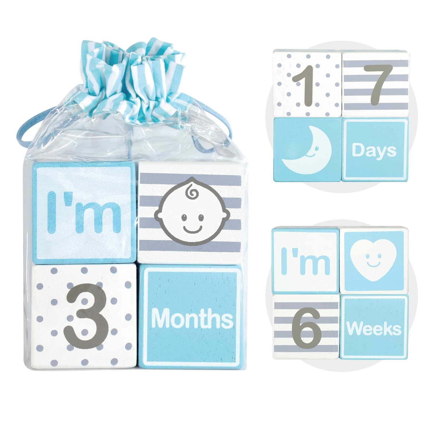 Im Solid Wood Milestone Blocks for Baby Growth 4 Pcs Blue