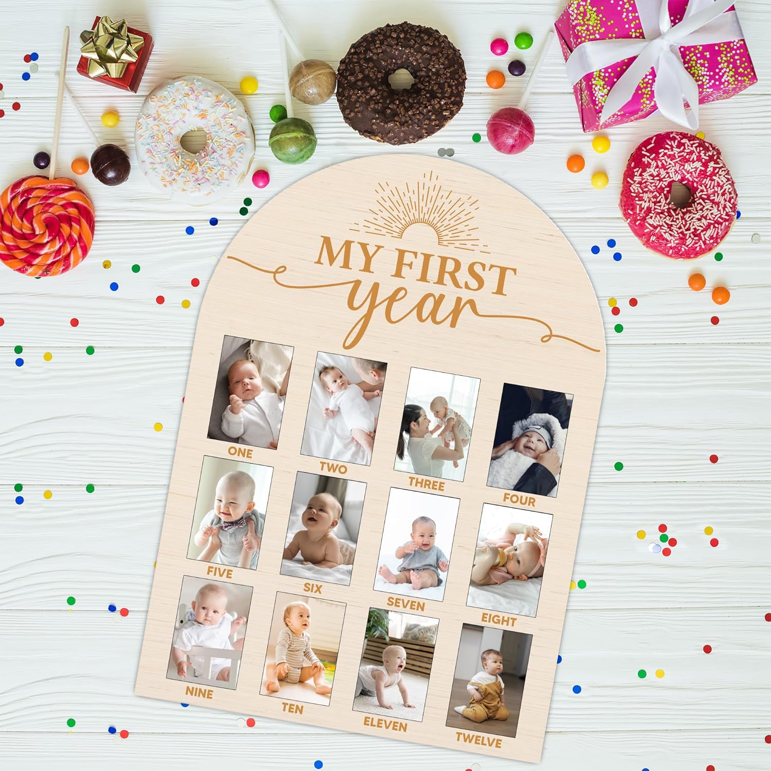 One Year Wood Photo Board for Baby Milestones