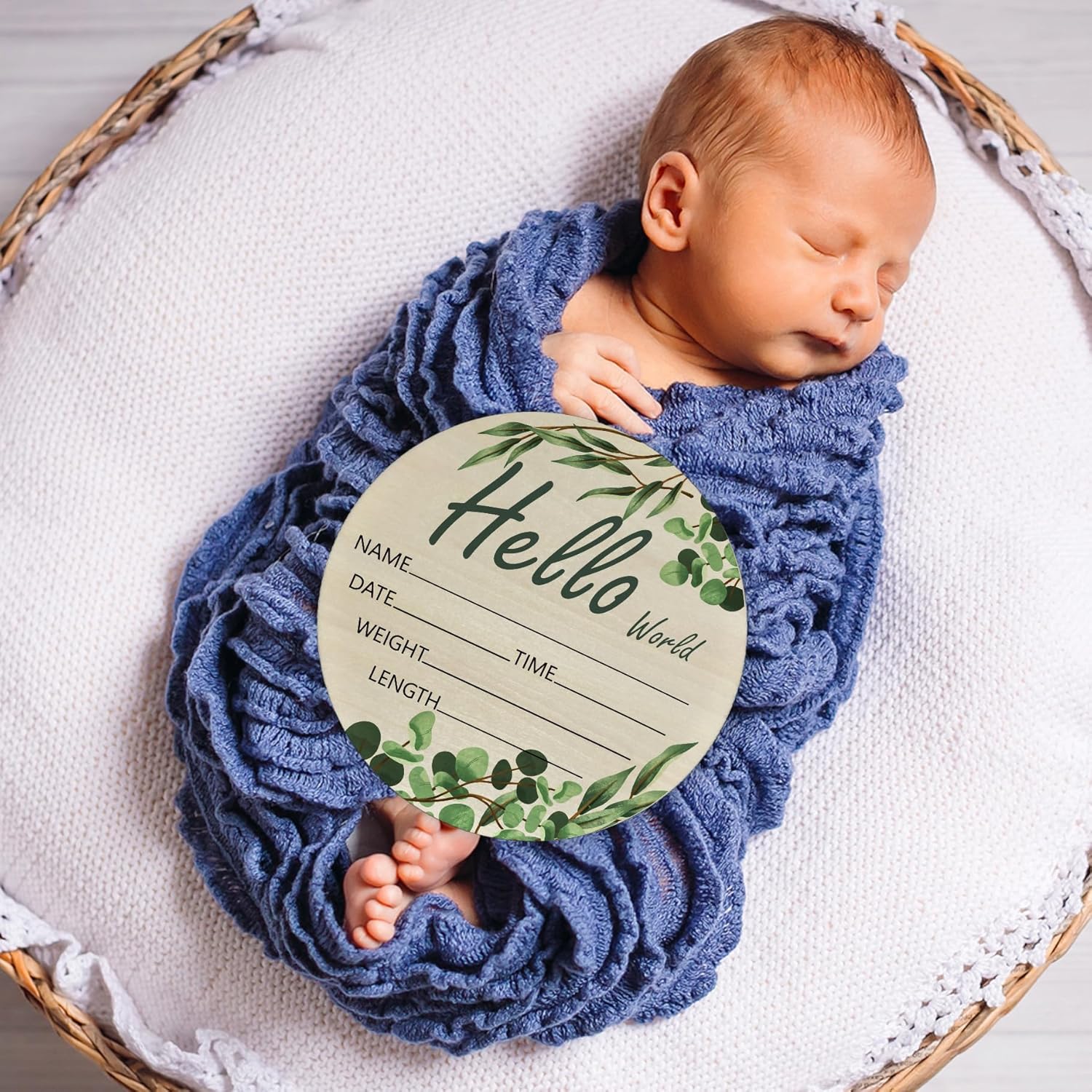 Hello World Olive Branch Newborn Sign - 6 Inch Round Birch Wood Baby Name Plaque