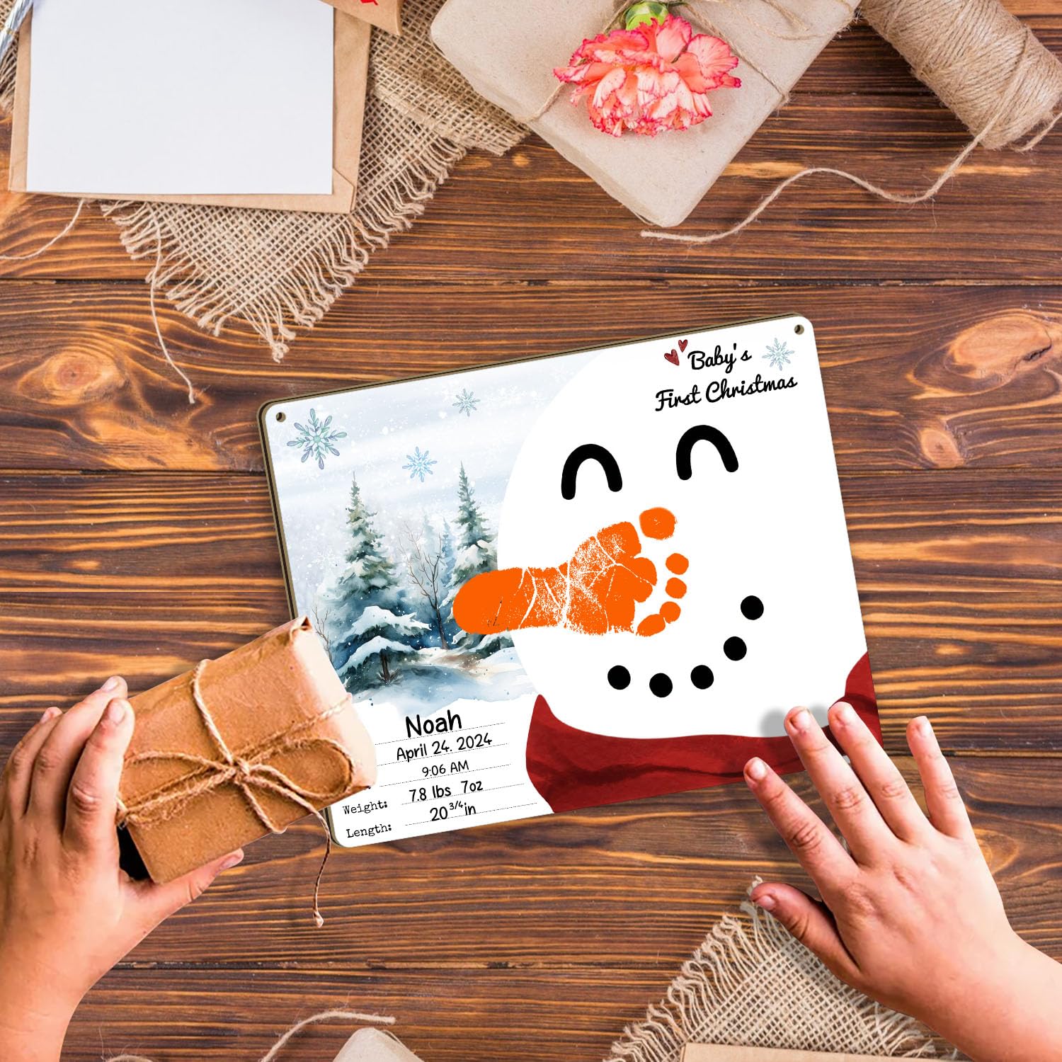 DIY Babys First Christmas Keepsake Sign with Orange Nose Snowman