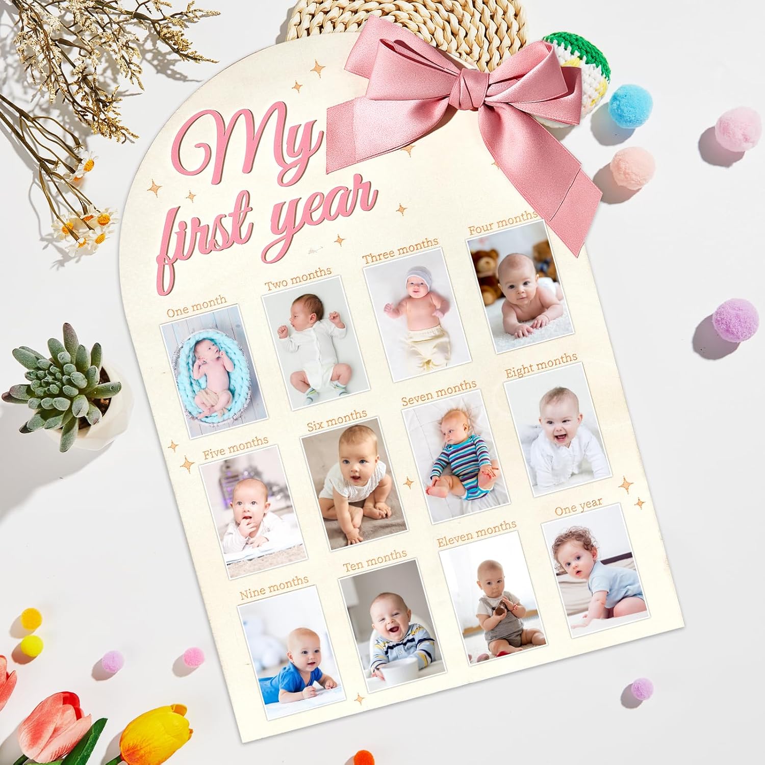 3D Pink Bow Baby Year Milestone Display Board