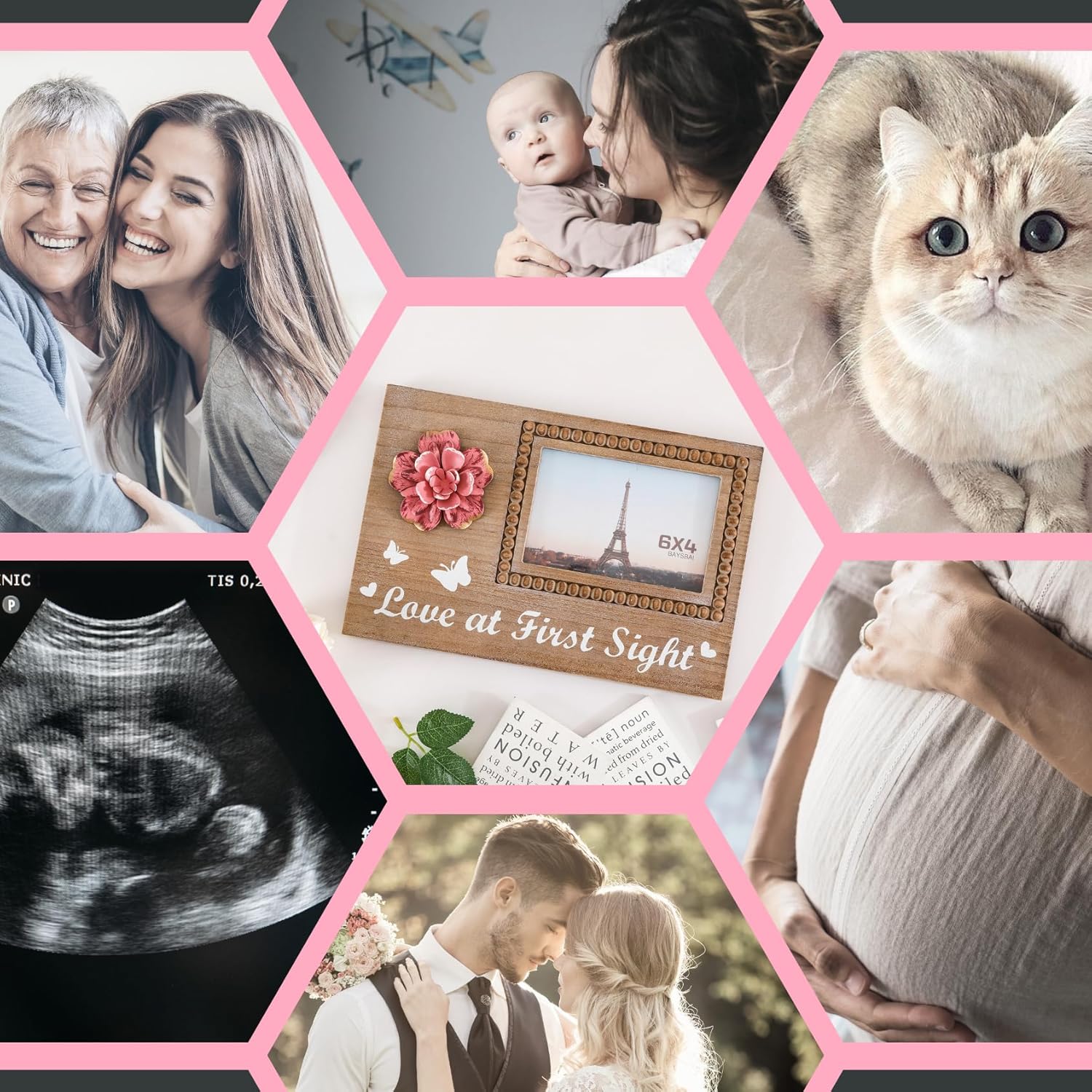 BAYSBAI Wooden Sonogram 4x6 Photo Frame with Rustic Pink Flower