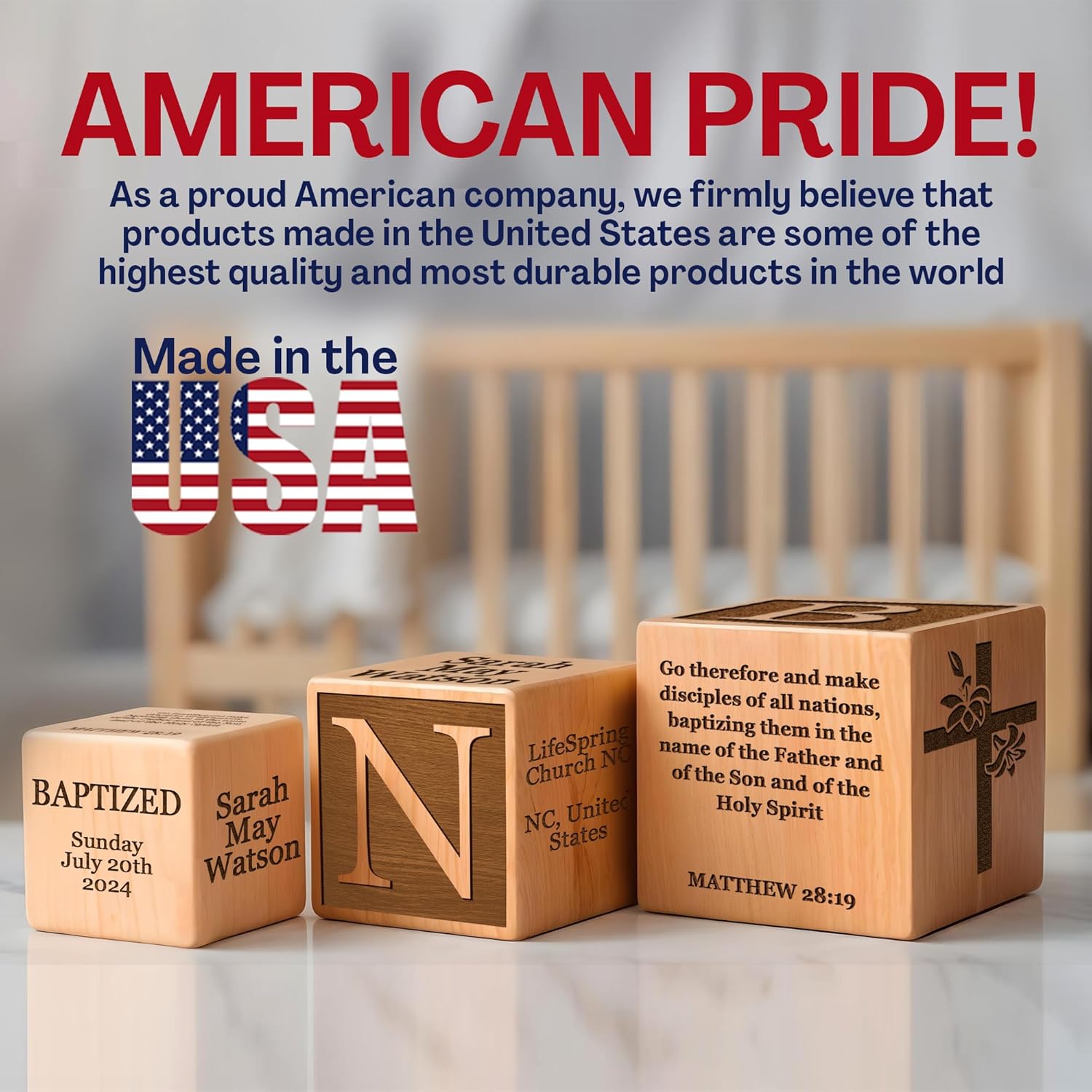 Personalized Baby Baptism Wood Block Custom Laser Engraved Gifts for Boys Girls