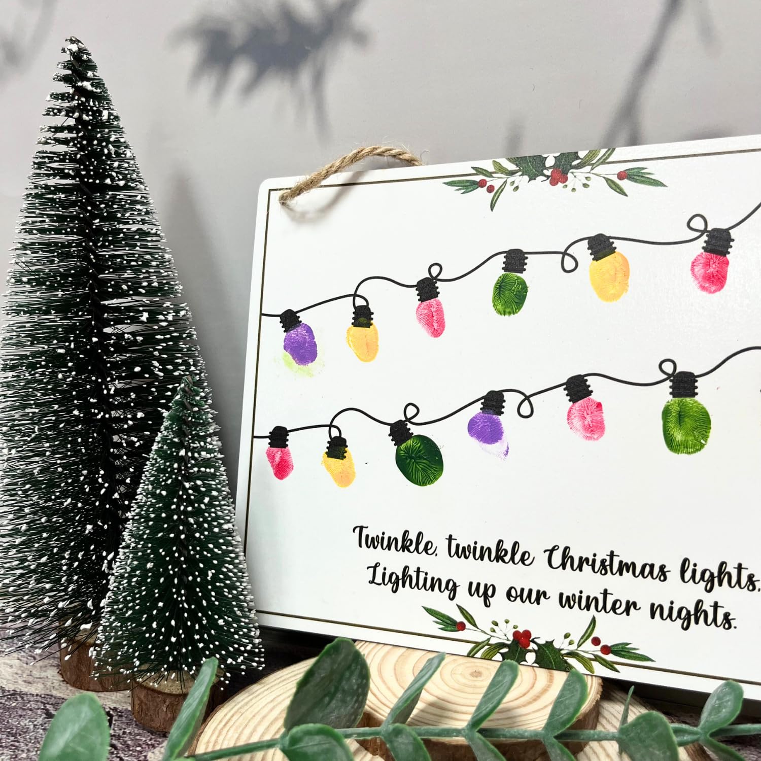 Fingerprint Christmas Lights Hanging Sign Babys First Christmas DIY Keepsake