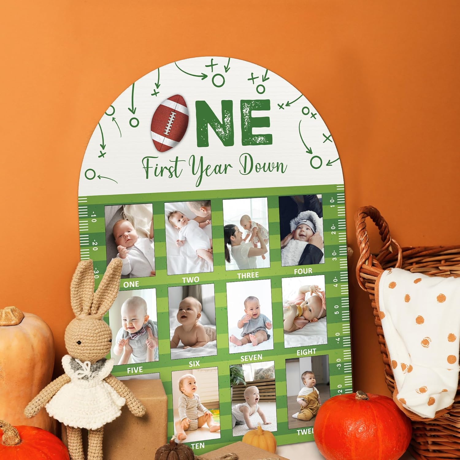 Football First Year Milestone Photo Board - 169x12 Inch Durable Wooden Frame