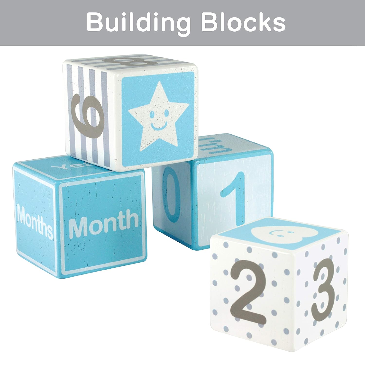 Im Solid Wood Milestone Blocks for Baby Growth 4 Pcs Blue