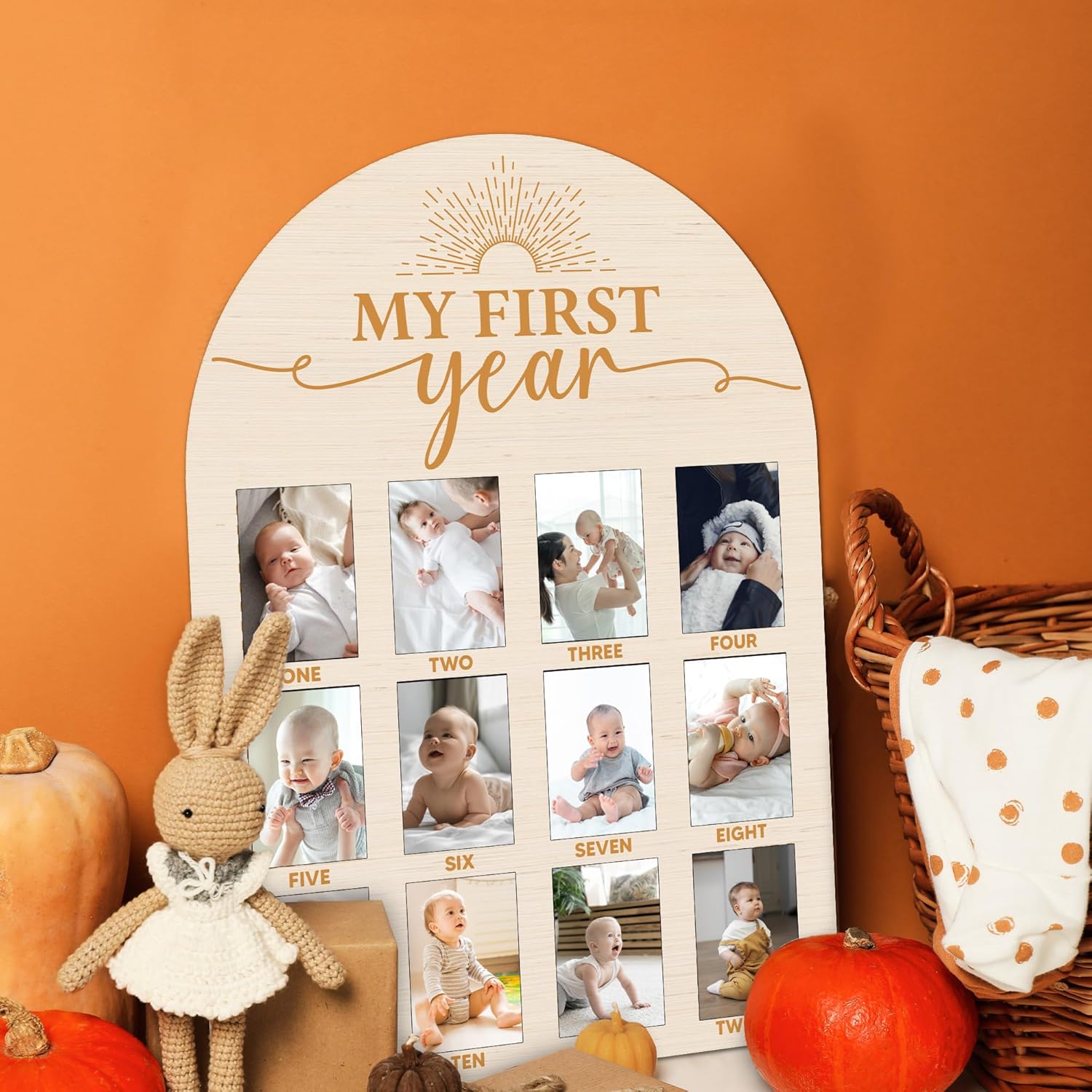One Year Wood Photo Board for Baby Milestones