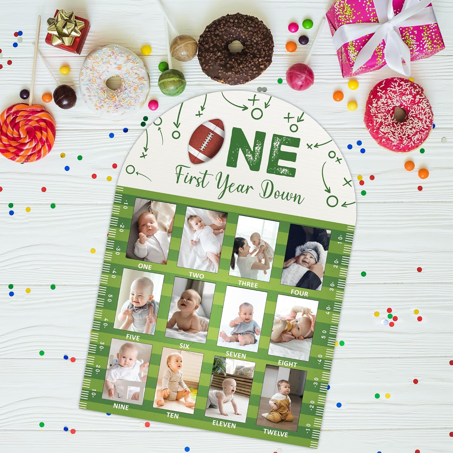 Football First Year Milestone Photo Board - 169x12 Inch Durable Wooden Frame