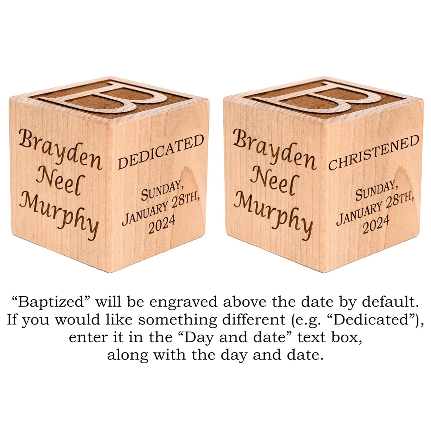 Palmetto Wood Shop Baptism Baby Block - Custom Engraved Handcrafted in the USA 3 Sizes 3 Colors