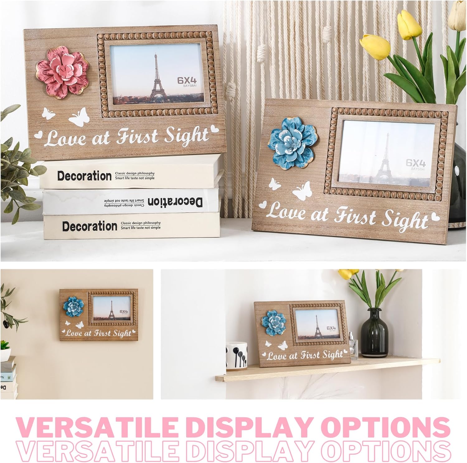 BAYSBAI Wooden Sonogram 4x6 Photo Frame with Rustic Pink Flower