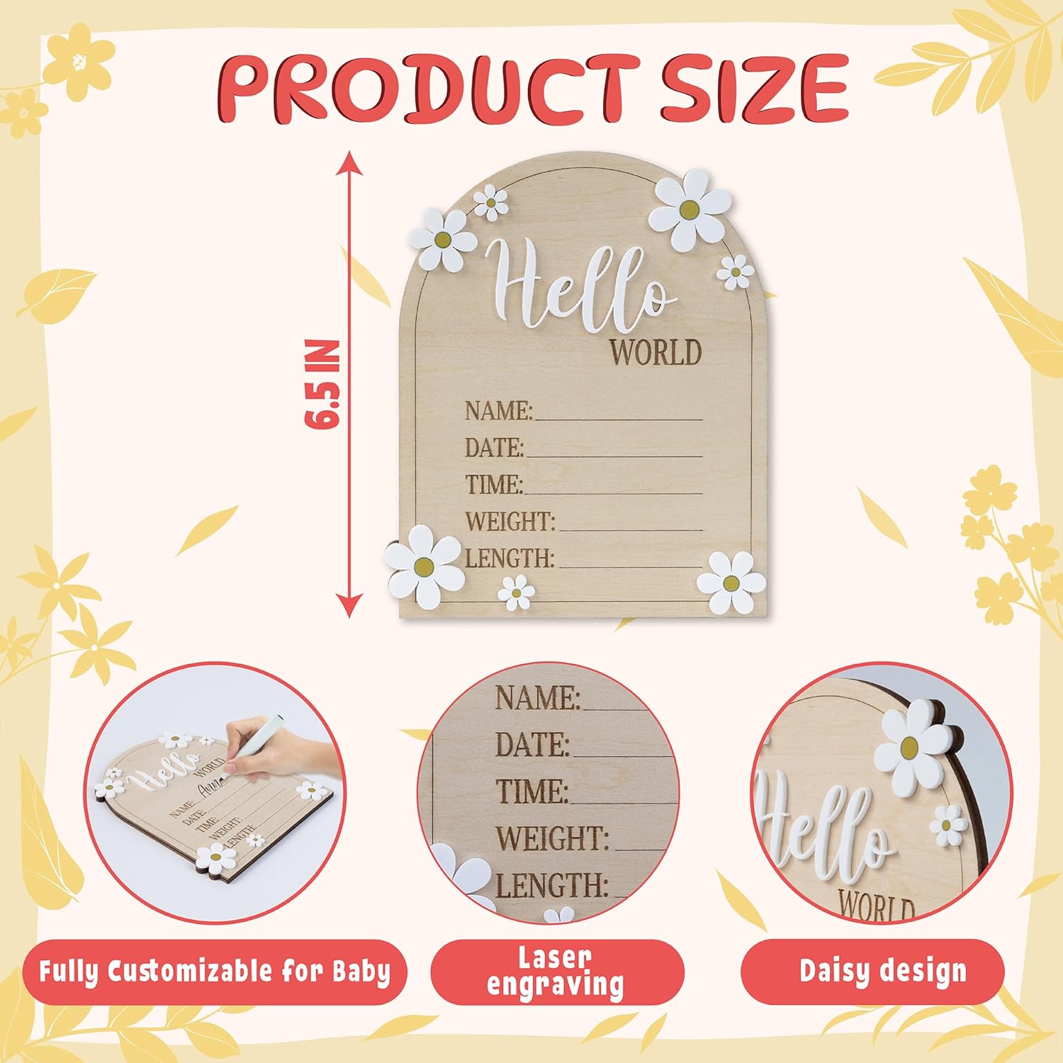 Hello World Baby Birth Stats Sign Wood Engraved