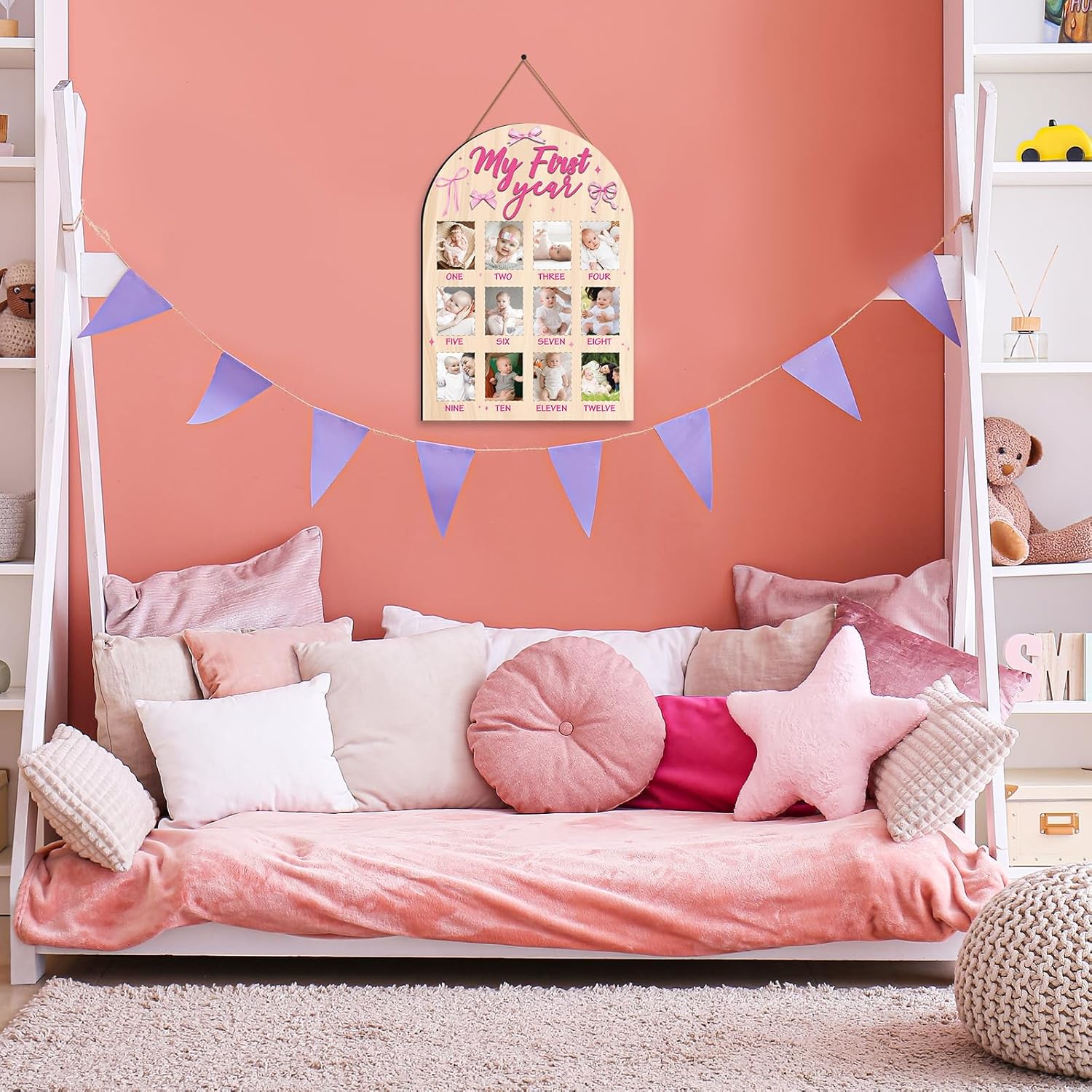 My First Year Photo Board - Pink Bow Wooden Frame 1