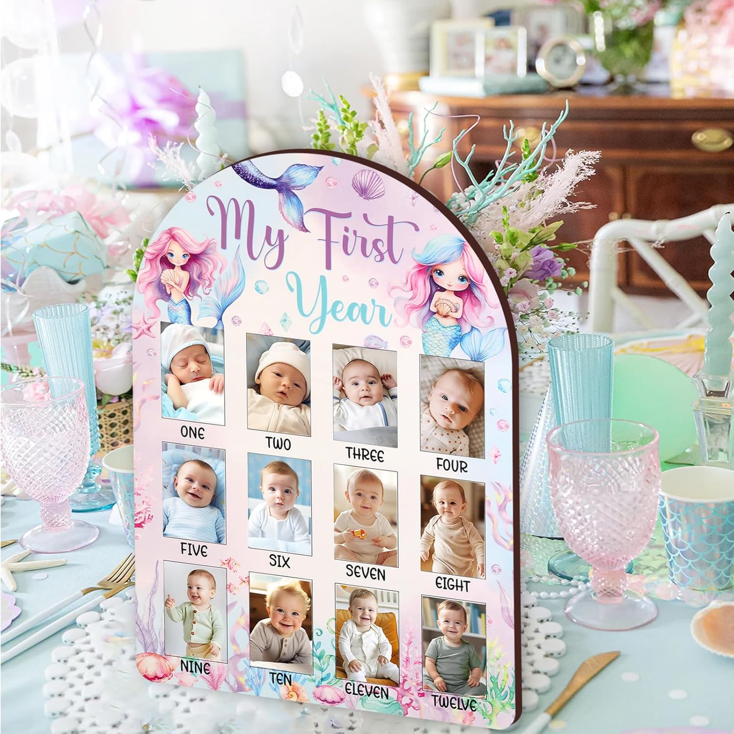 Mermaid First Year Photo Frame Purple Wooden Keepsake