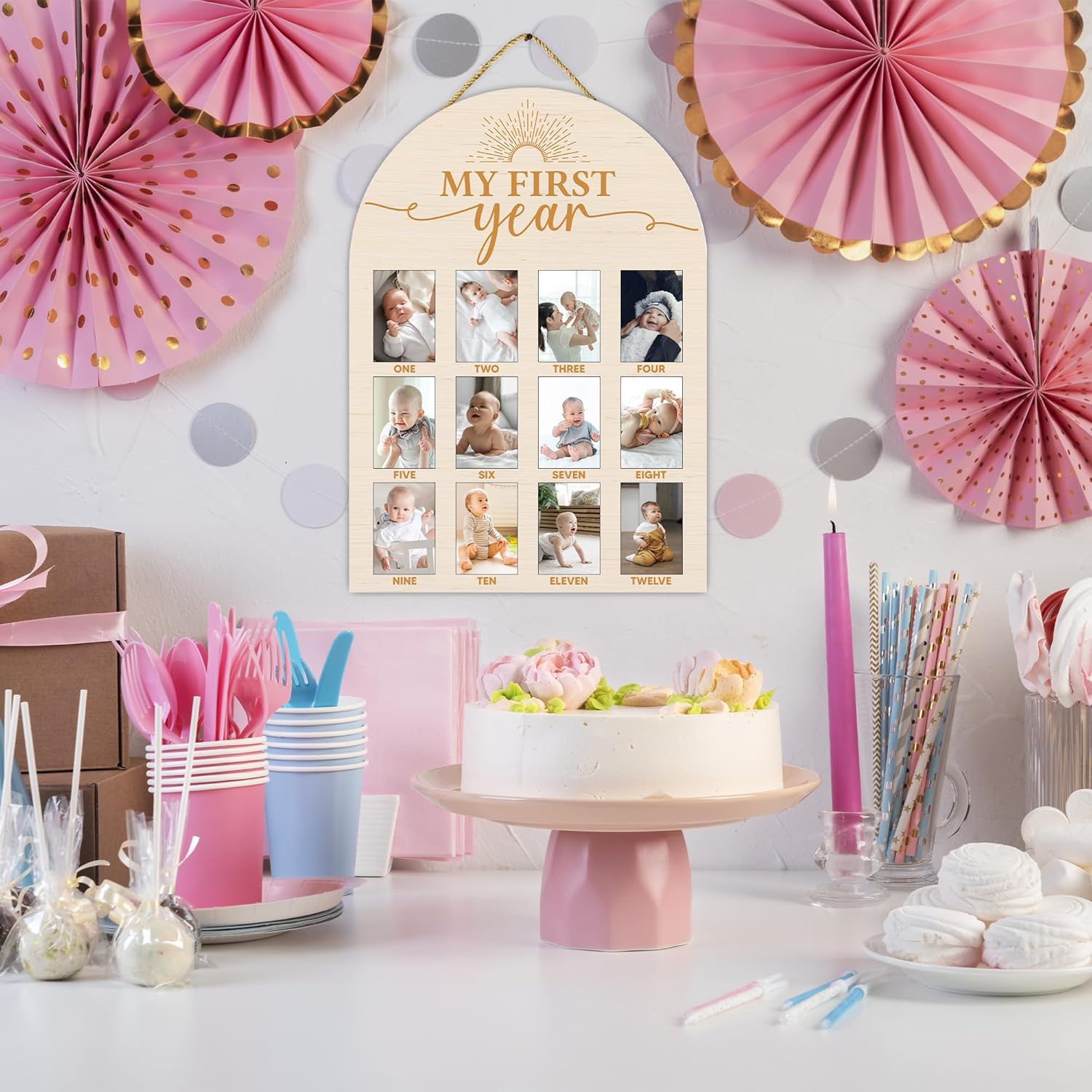 One Year Wood Photo Board for Baby Milestones