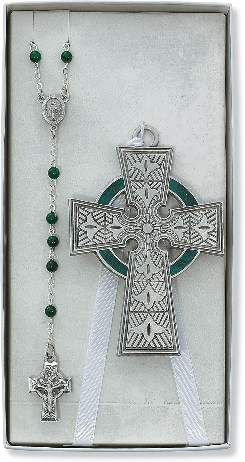 Celtic Crib Cross Rosary Set for New Baby
