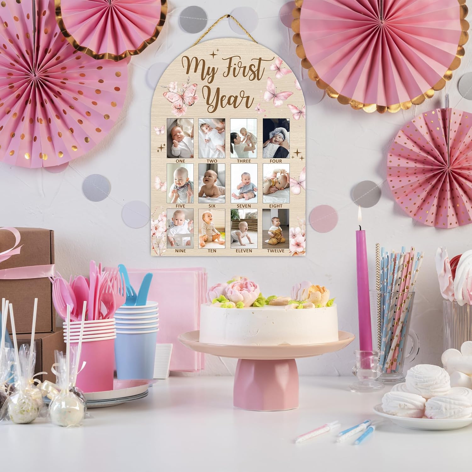 My First Year Milestone Photo Board - Pink Butterfly Decor