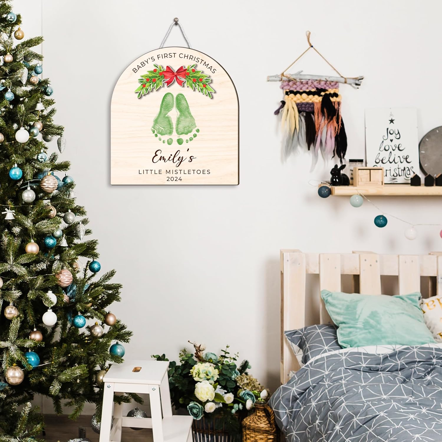 Personalized Christmas Footprint Sign with Baby Name