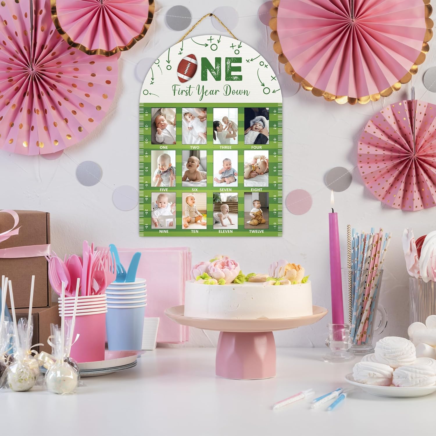 Football First Year Milestone Photo Board - 169x12 Inch Durable Wooden Frame