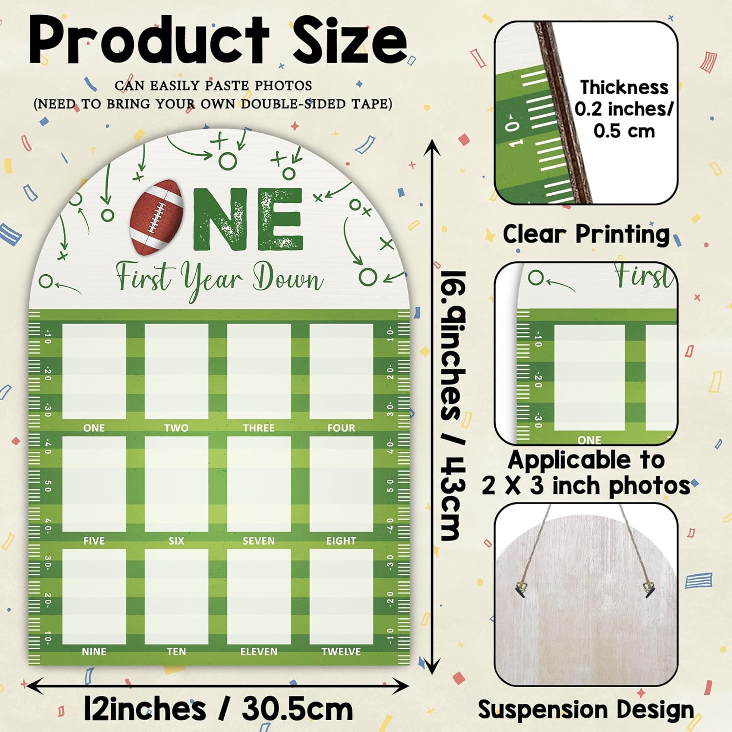 Football First Year Milestone Photo Board - 169x12 Inch Durable Wooden Frame