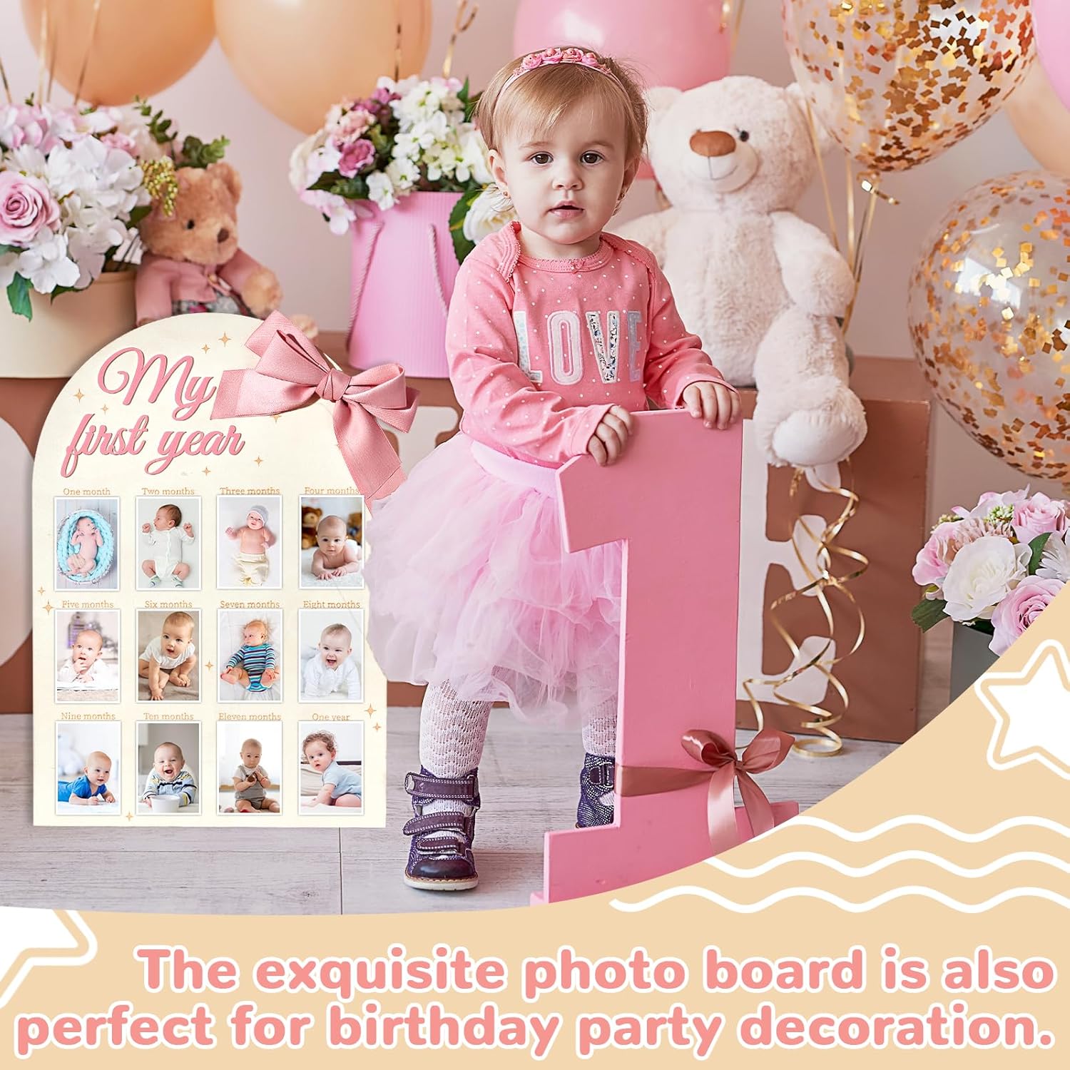 3D Pink Bow Baby Year Milestone Display Board