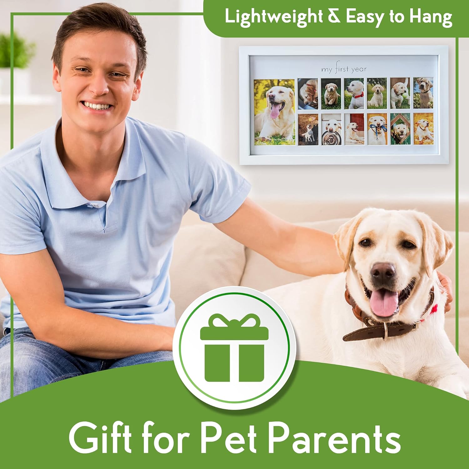 Green Pollywog First Year Dog Photo Frame 12-Month Keepsake Display White Wood Frame